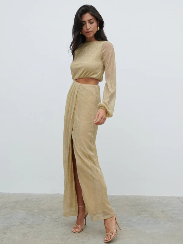 Rae Long Sleeve Cut Out Maxi Dress (Metallic Gold)