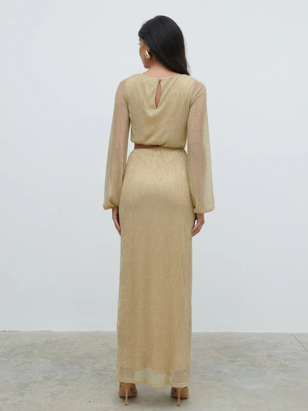 Rae Long Sleeve Cut Out Maxi Dress (Metallic Gold)