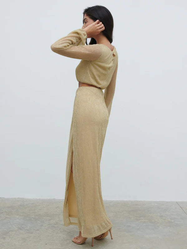 Rae Long Sleeve Cut Out Maxi Dress (Metallic Gold)