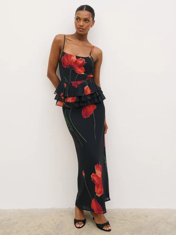 Rose Peplum Maxi Dress (Red Floral)