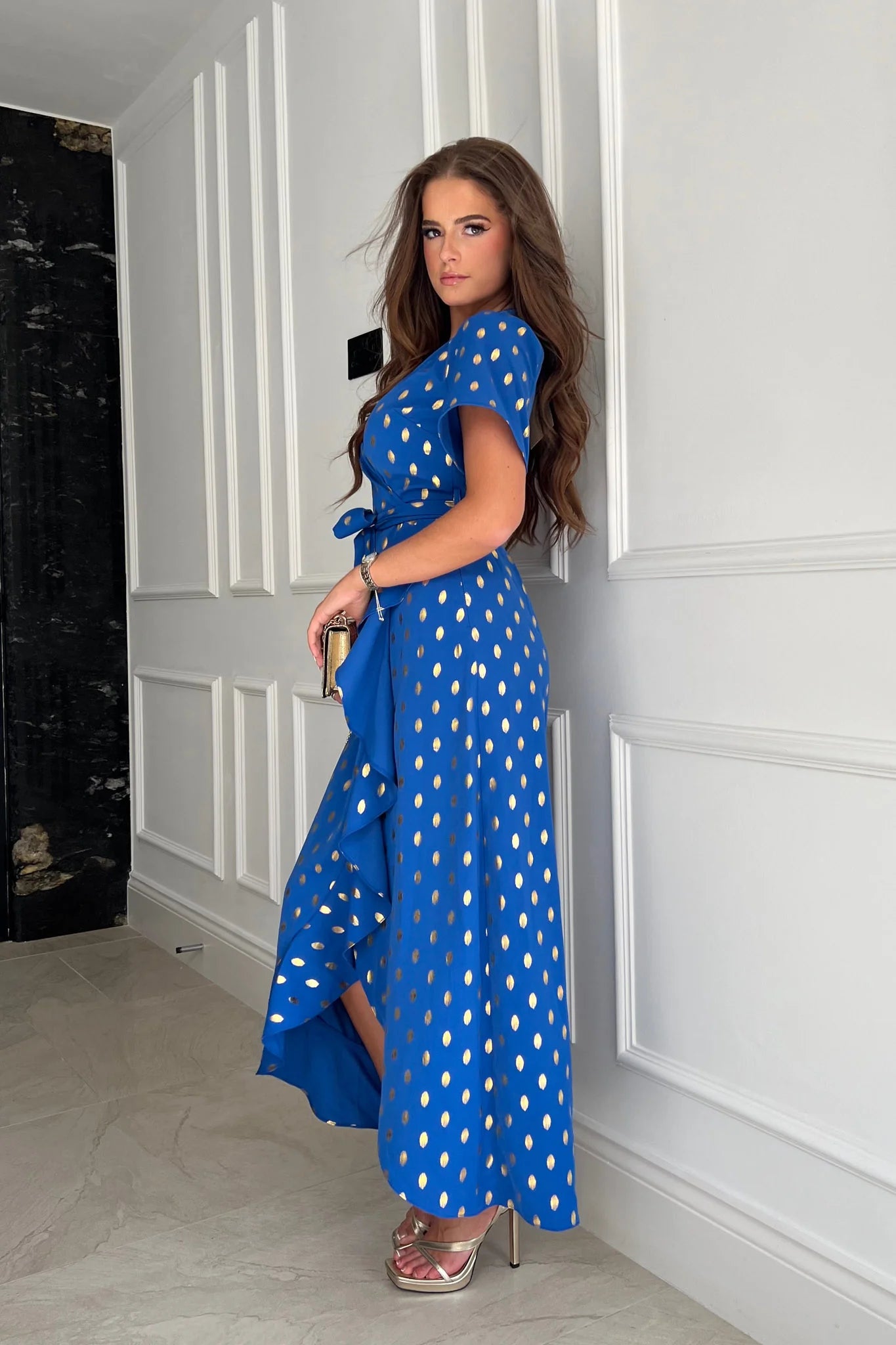 Farrah Foil Split Hem Frill Detail Maxi Dress (Blue)