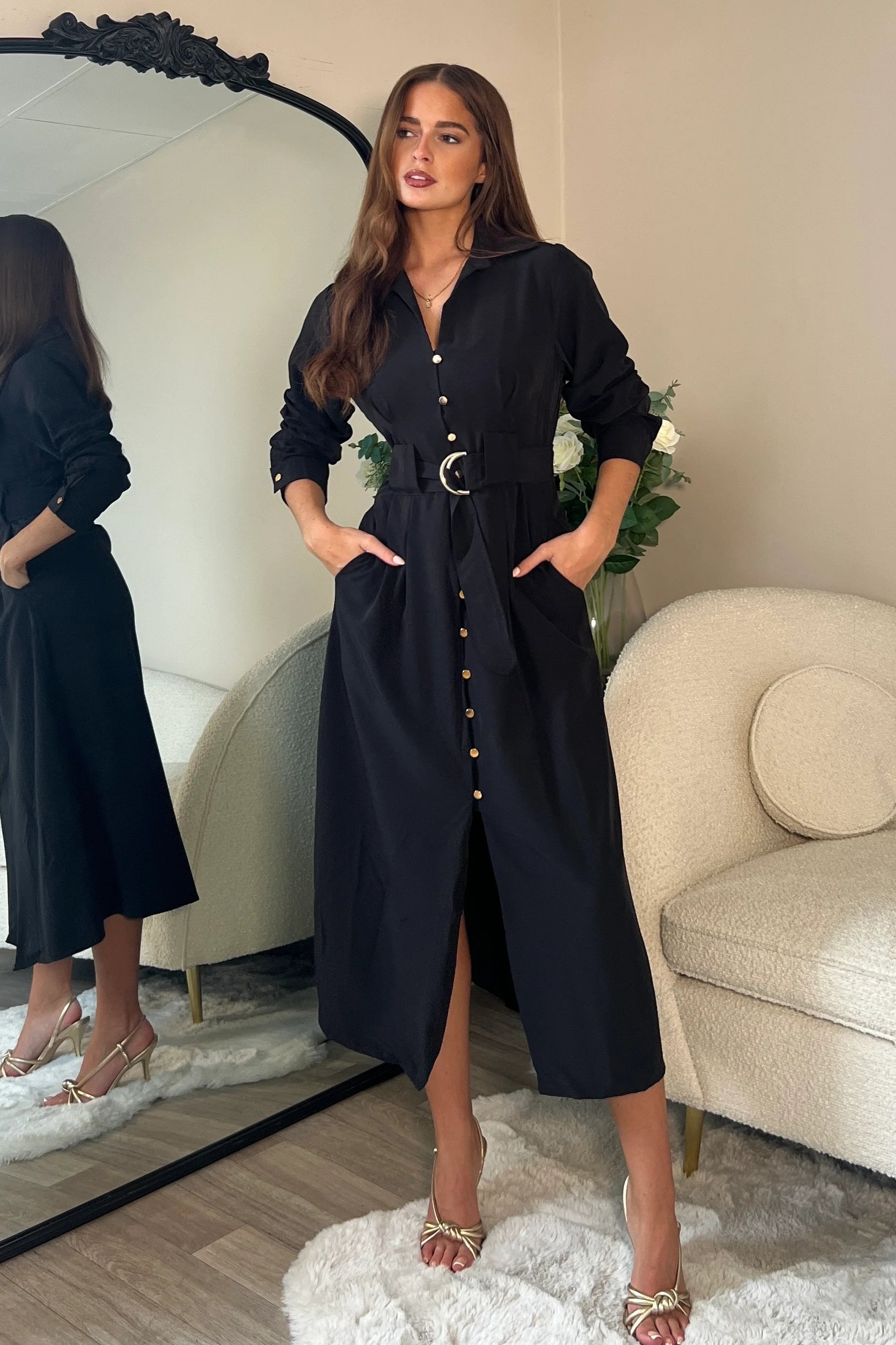 Grace Buckle Detail Shirt Dress (Black)