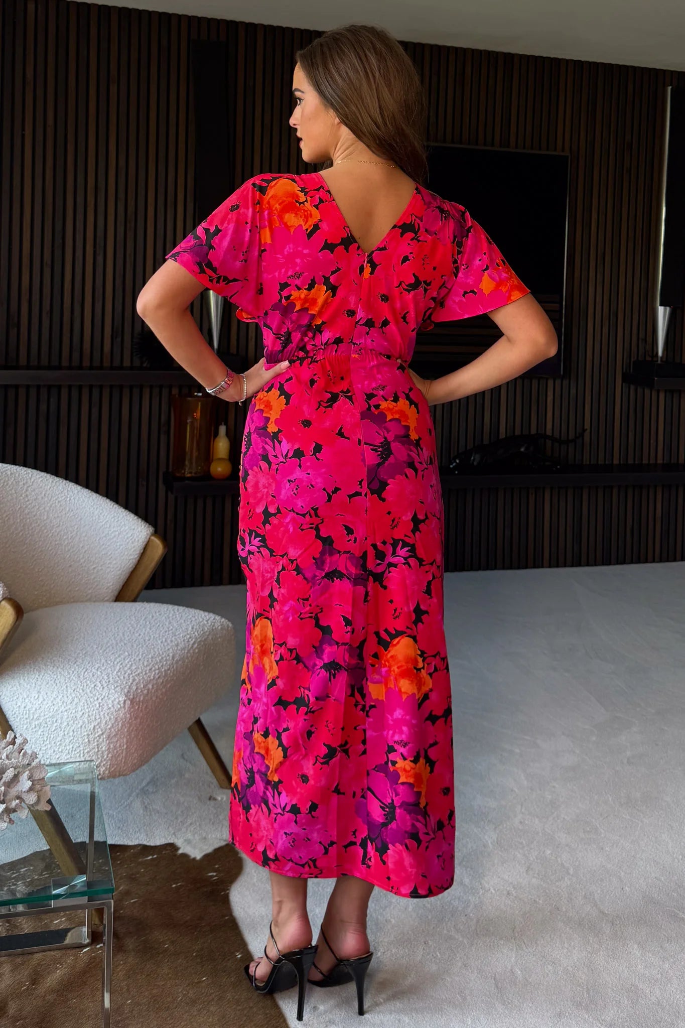 Priscilla Wrap Over Ruched Midi Dress (Pink Floral)