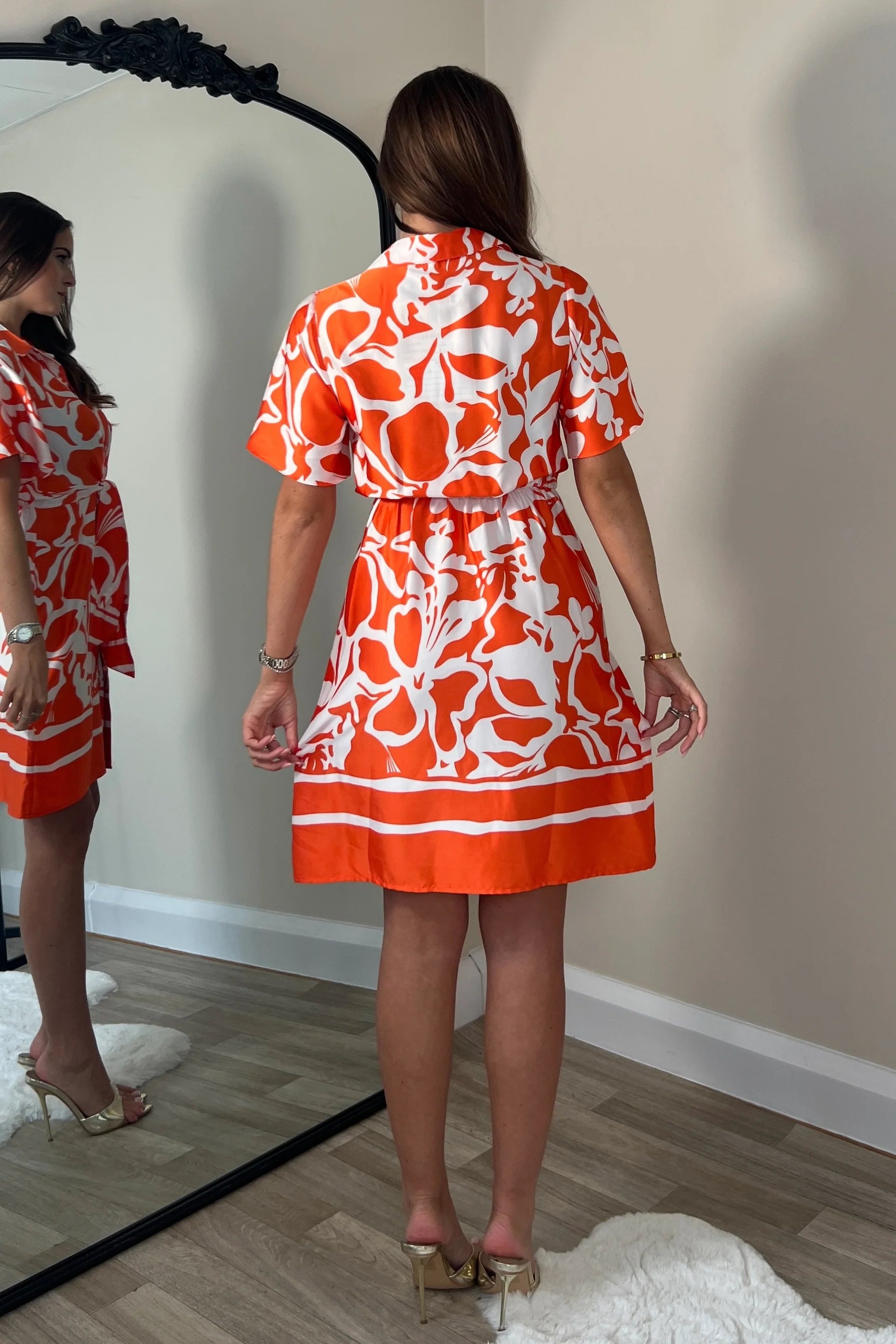 Verity Orange Boarder Print Tie Detail Mini Shirt Dress (Orange)