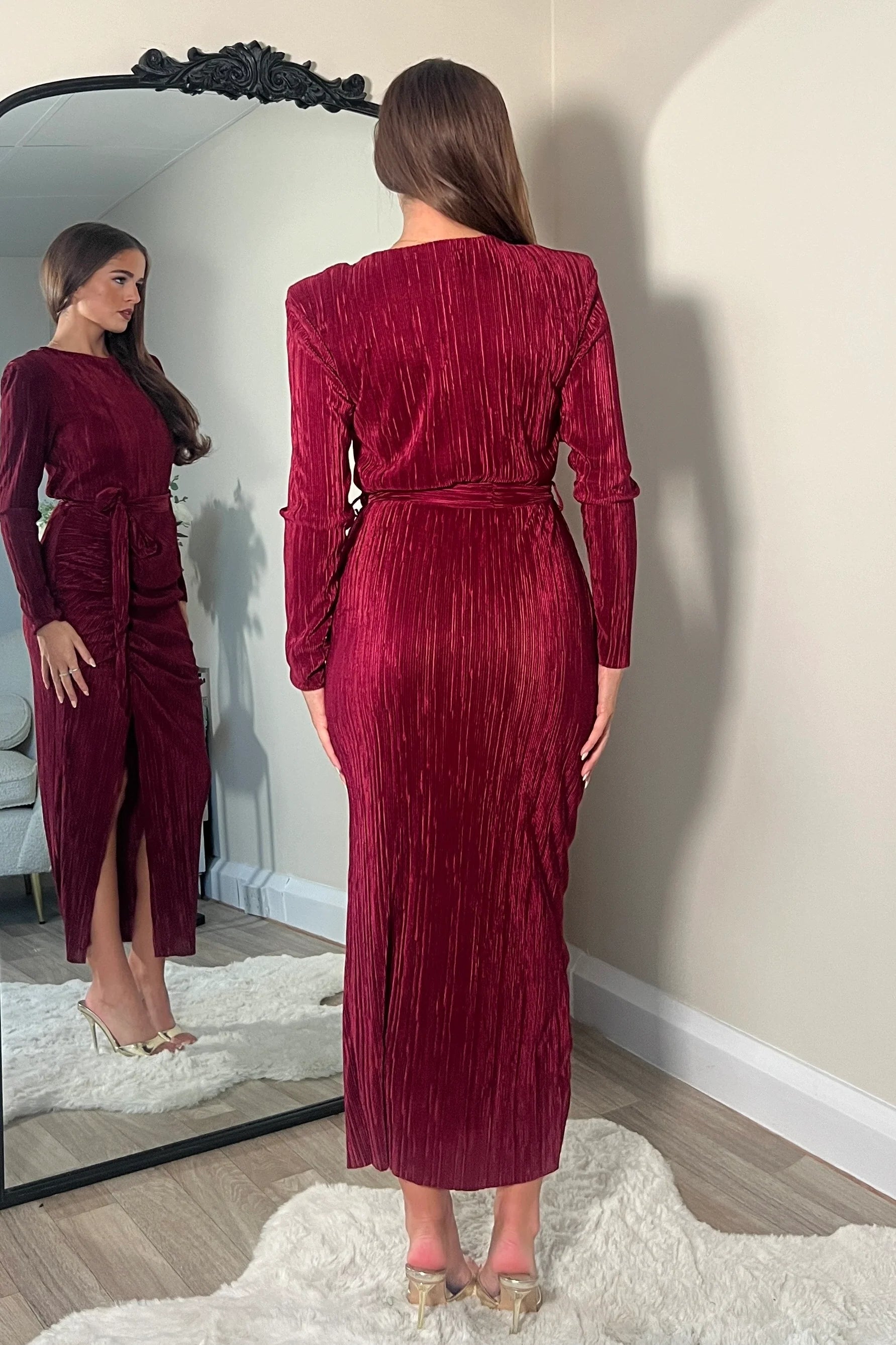 Elena Long Sleeve Ruched Seamed Midi Dress (Wine)