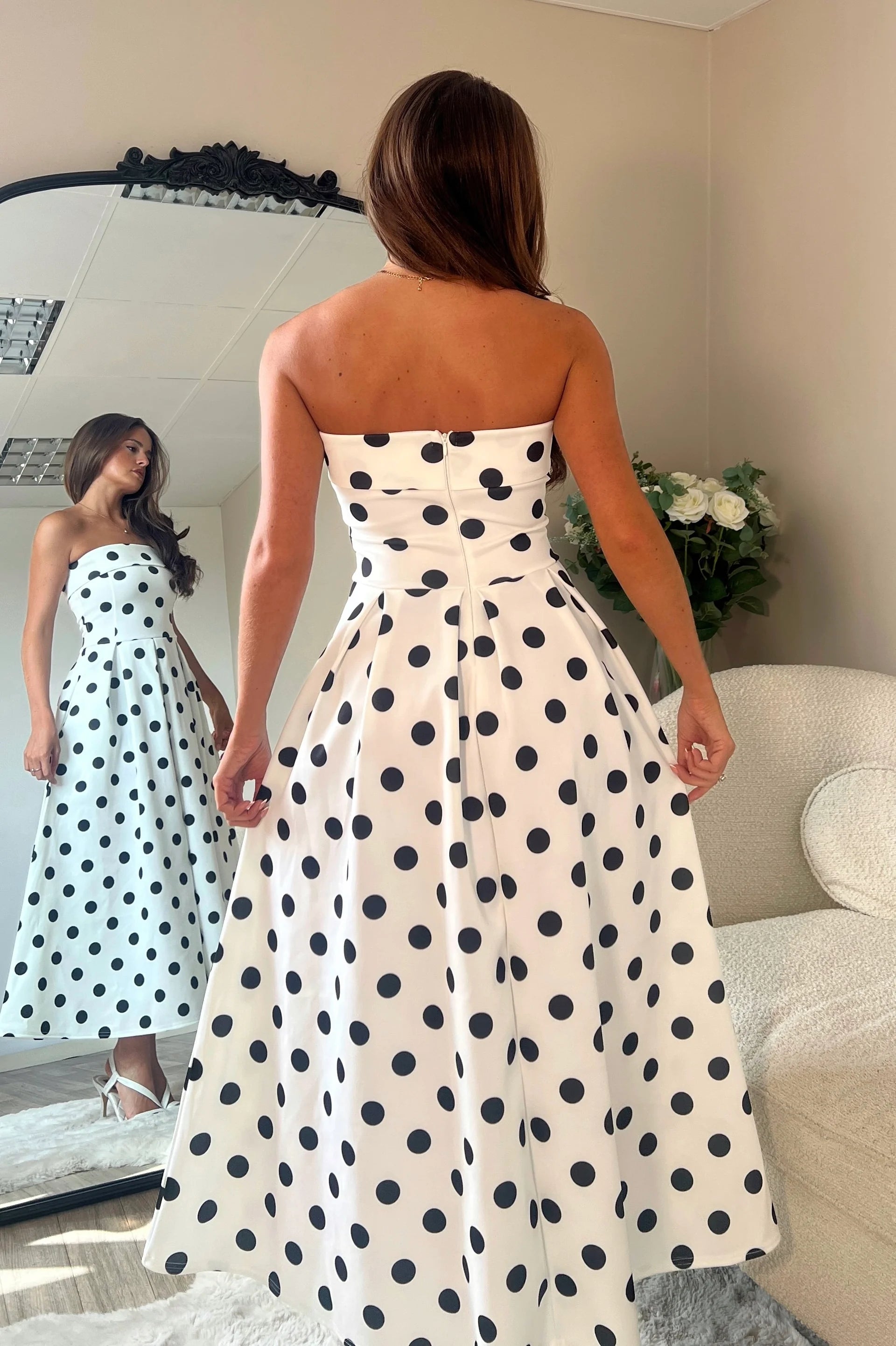 Danni Strapless Bandeau Midi Dress (Spot Print)