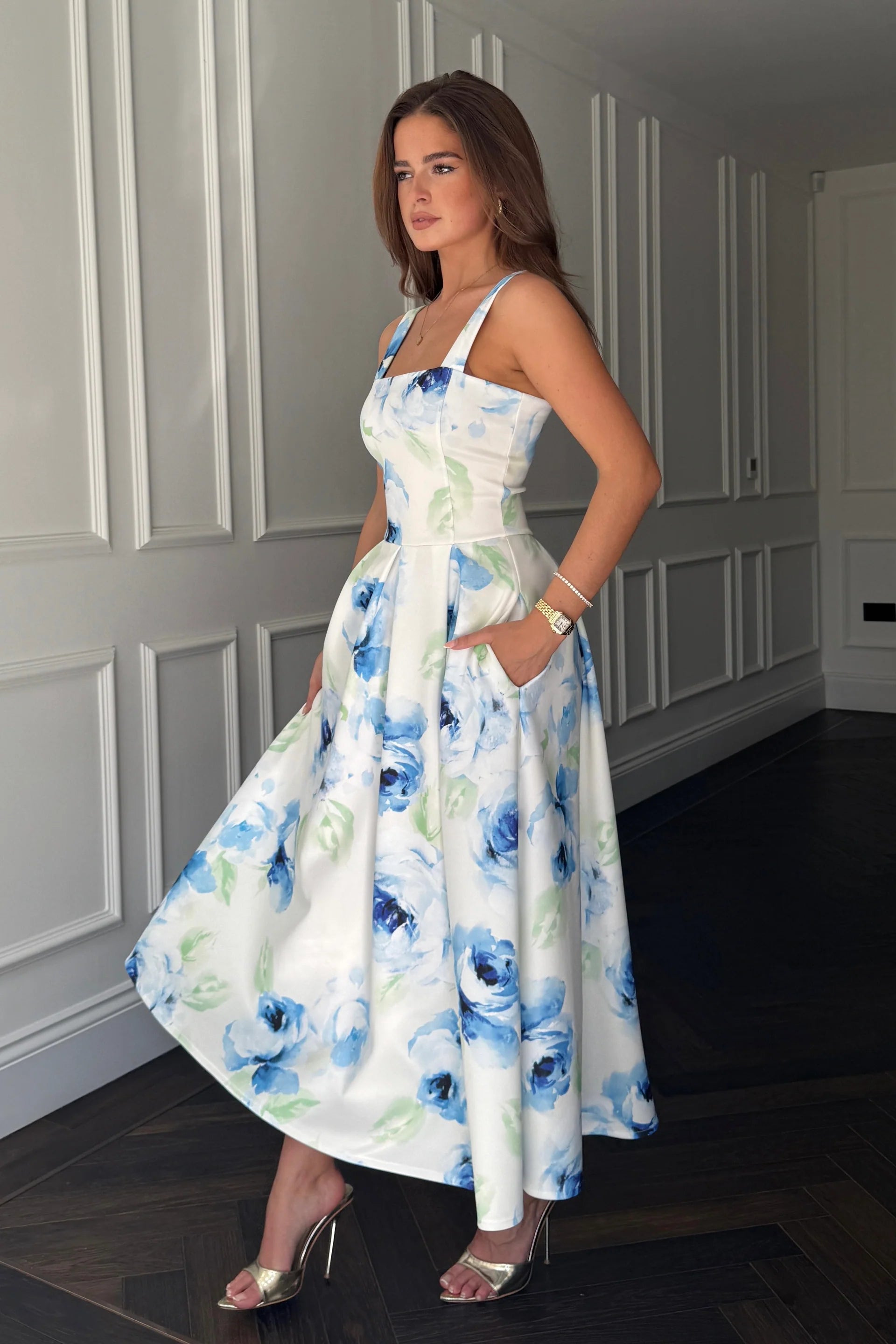 Heather Floral Pleated Skirt Dress (Blue)