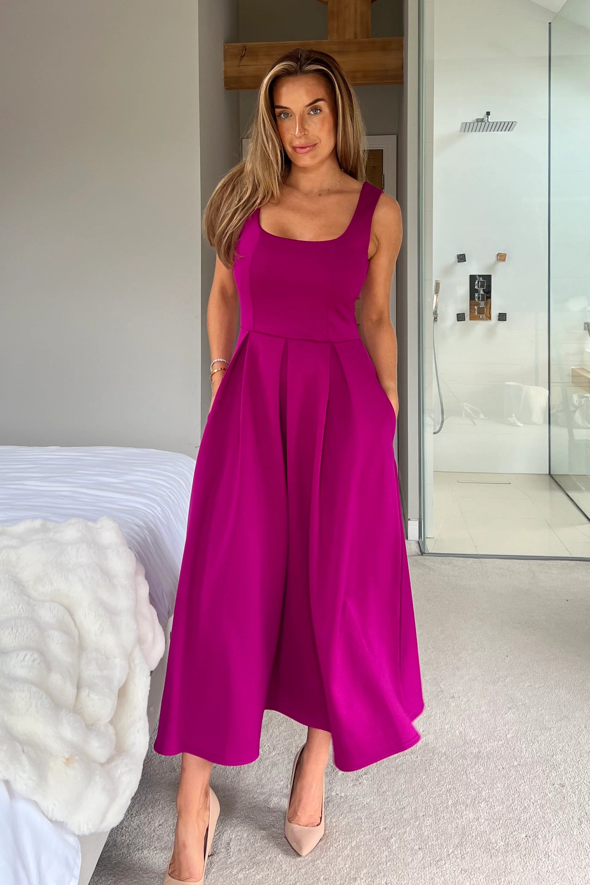 Erica Square Neck Pleated Midi Dress (Fuchsia)