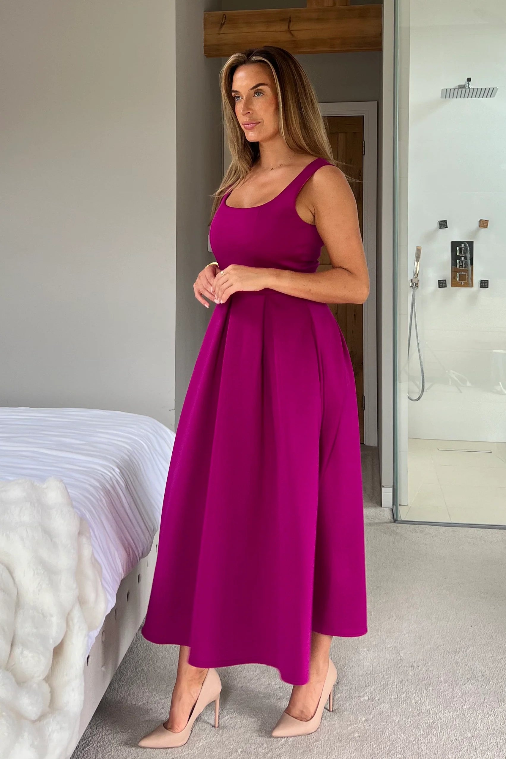 Erica Square Neck Pleated Midi Dress (Fuchsia)