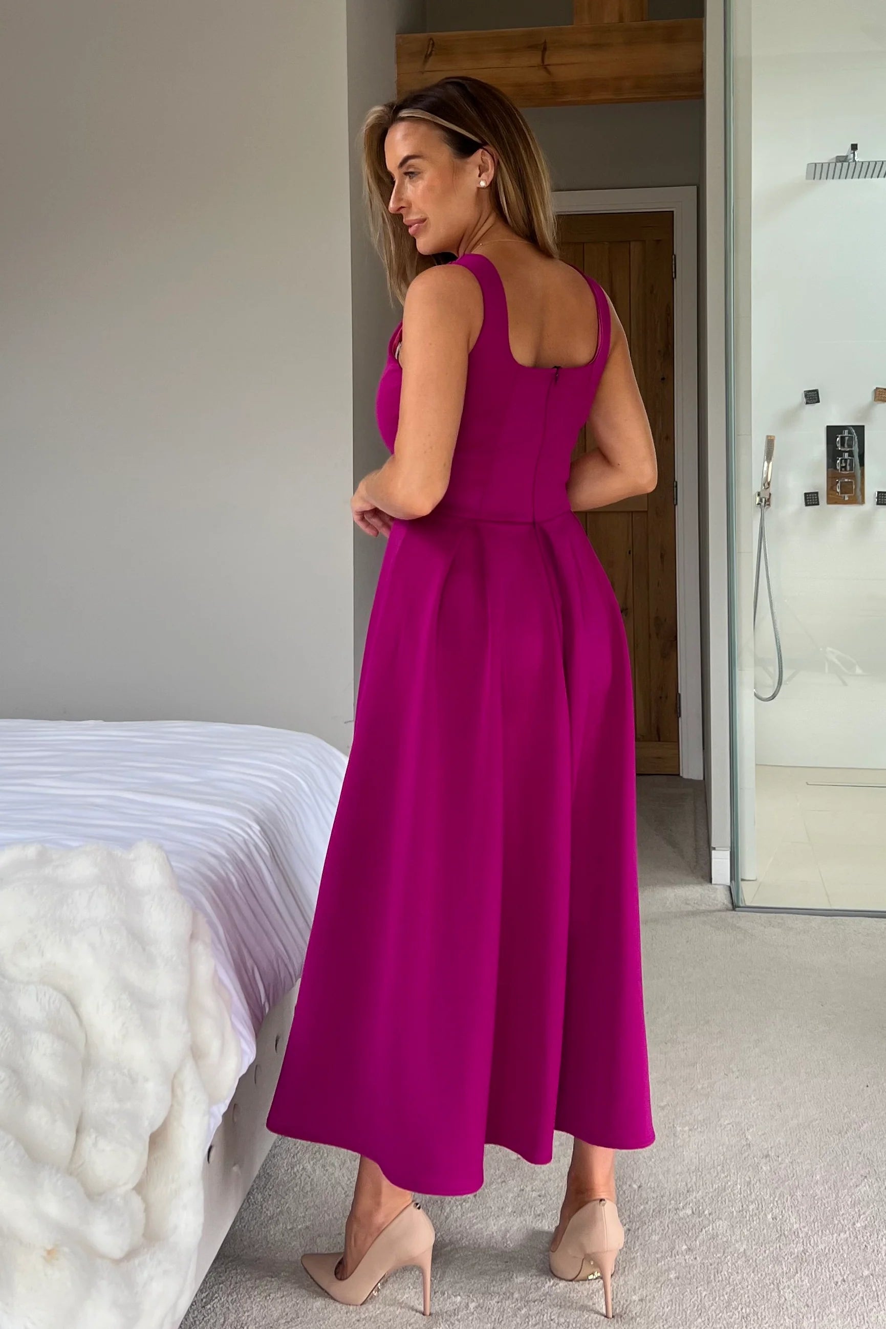 Erica Square Neck Pleated Midi Dress (Fuchsia)