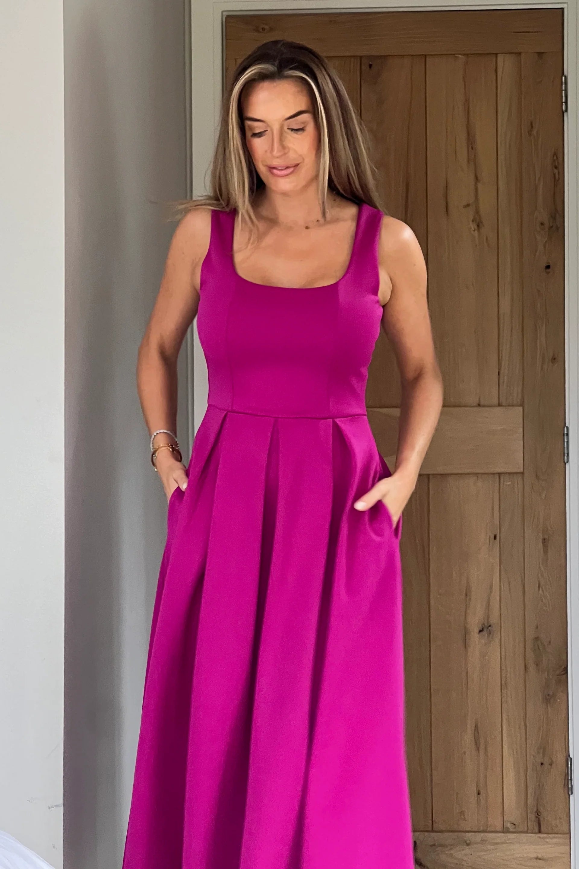 Erica Square Neck Pleated Midi Dress (Fuchsia)