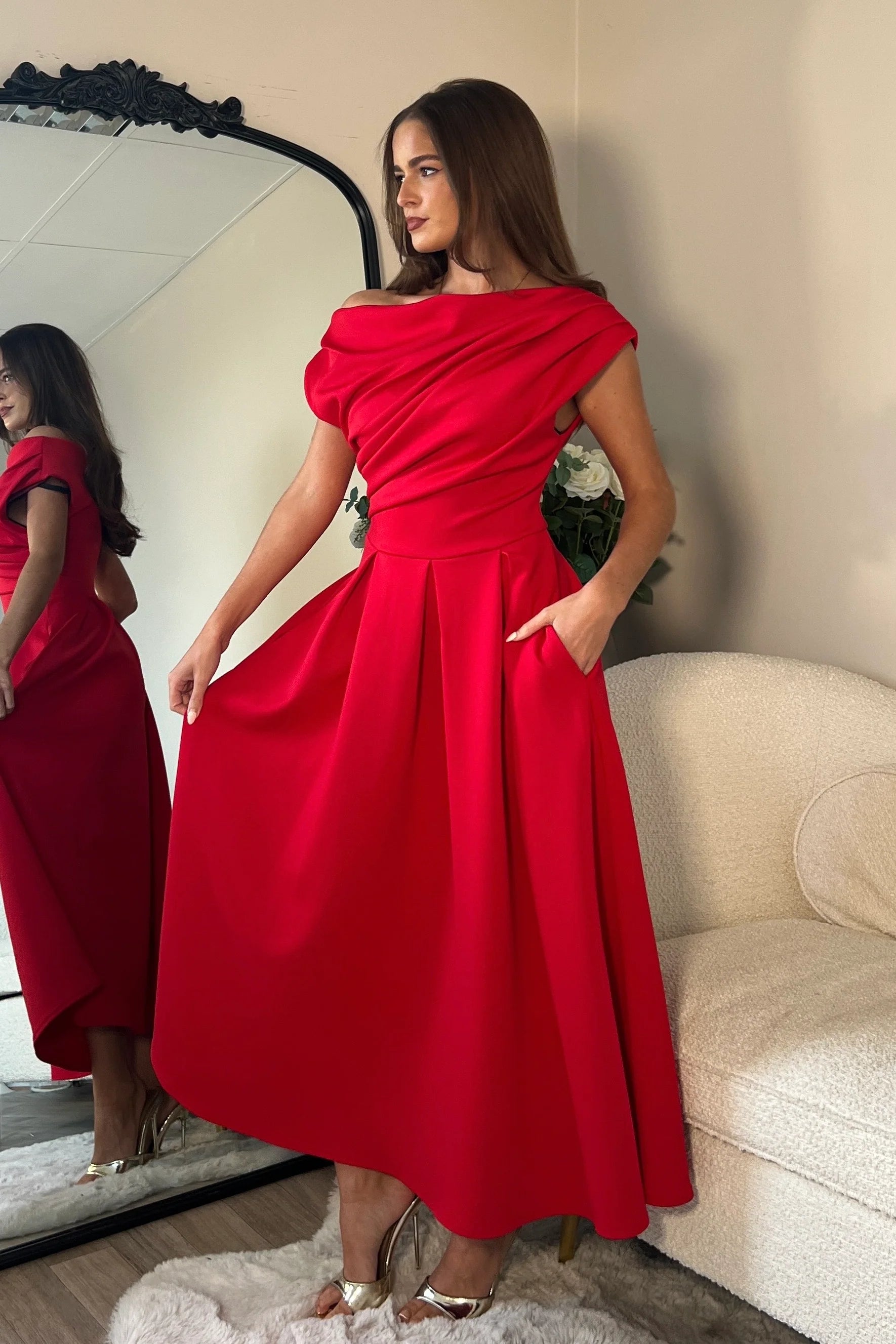 Betty Asymmetric Midi Dress (Red)