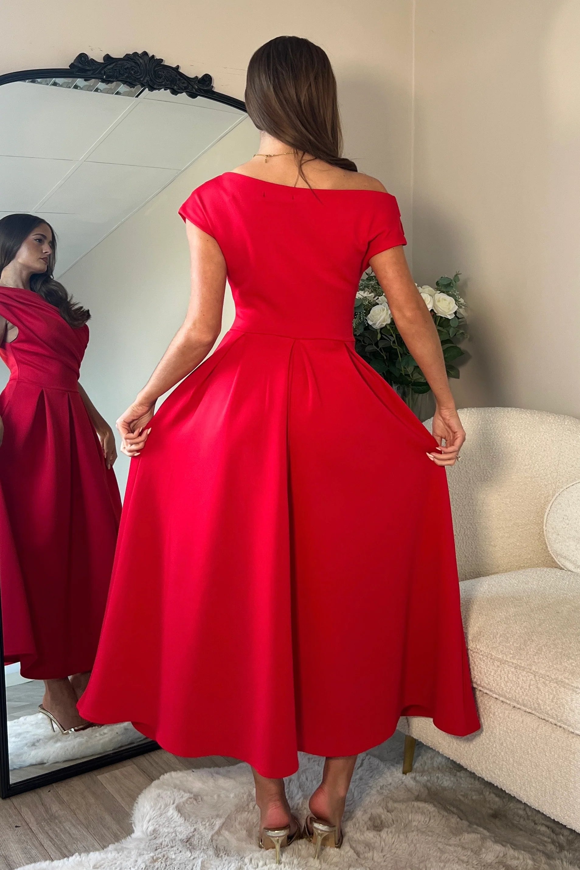 Betty Asymmetric Midi Dress (Red)