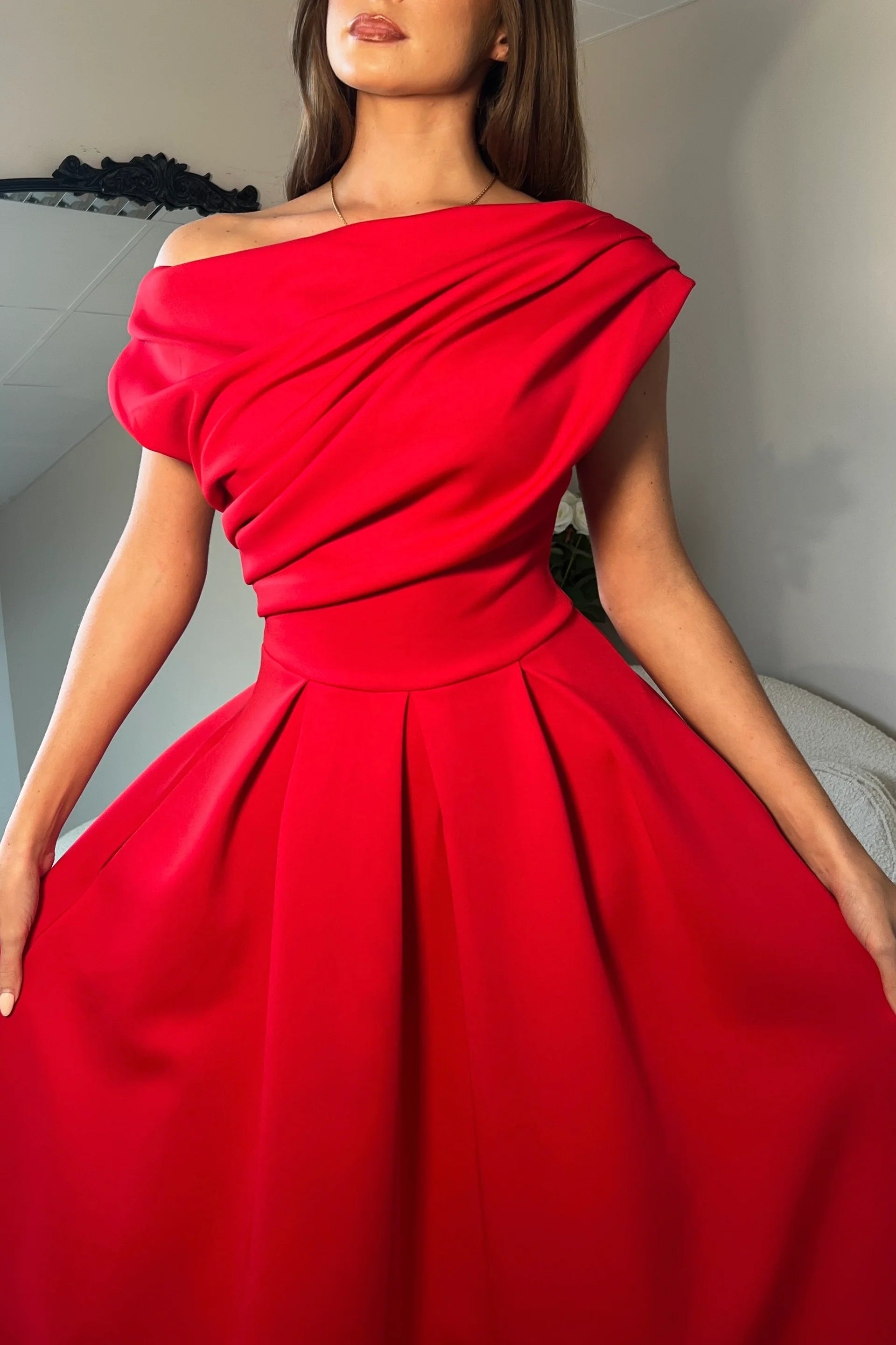 Betty Asymmetric Midi Dress (Red)