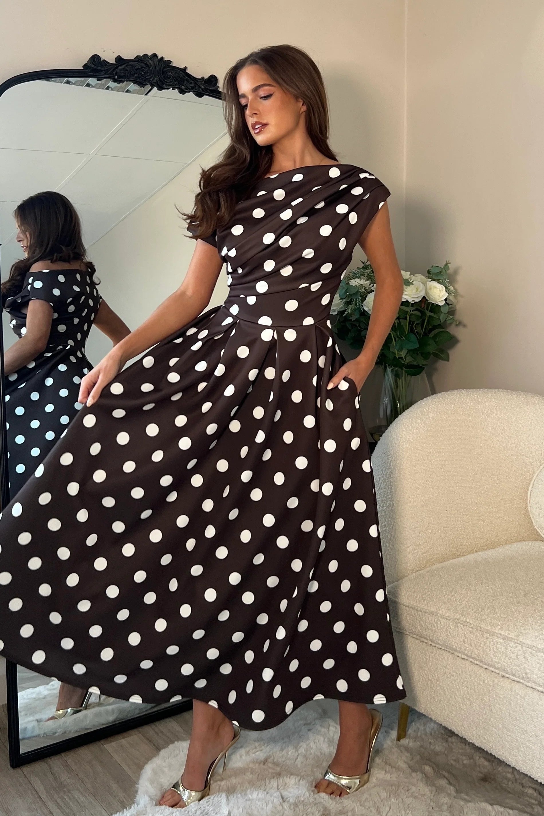 Betty Asymmetric Skater Midi Dress (Brown Spot)