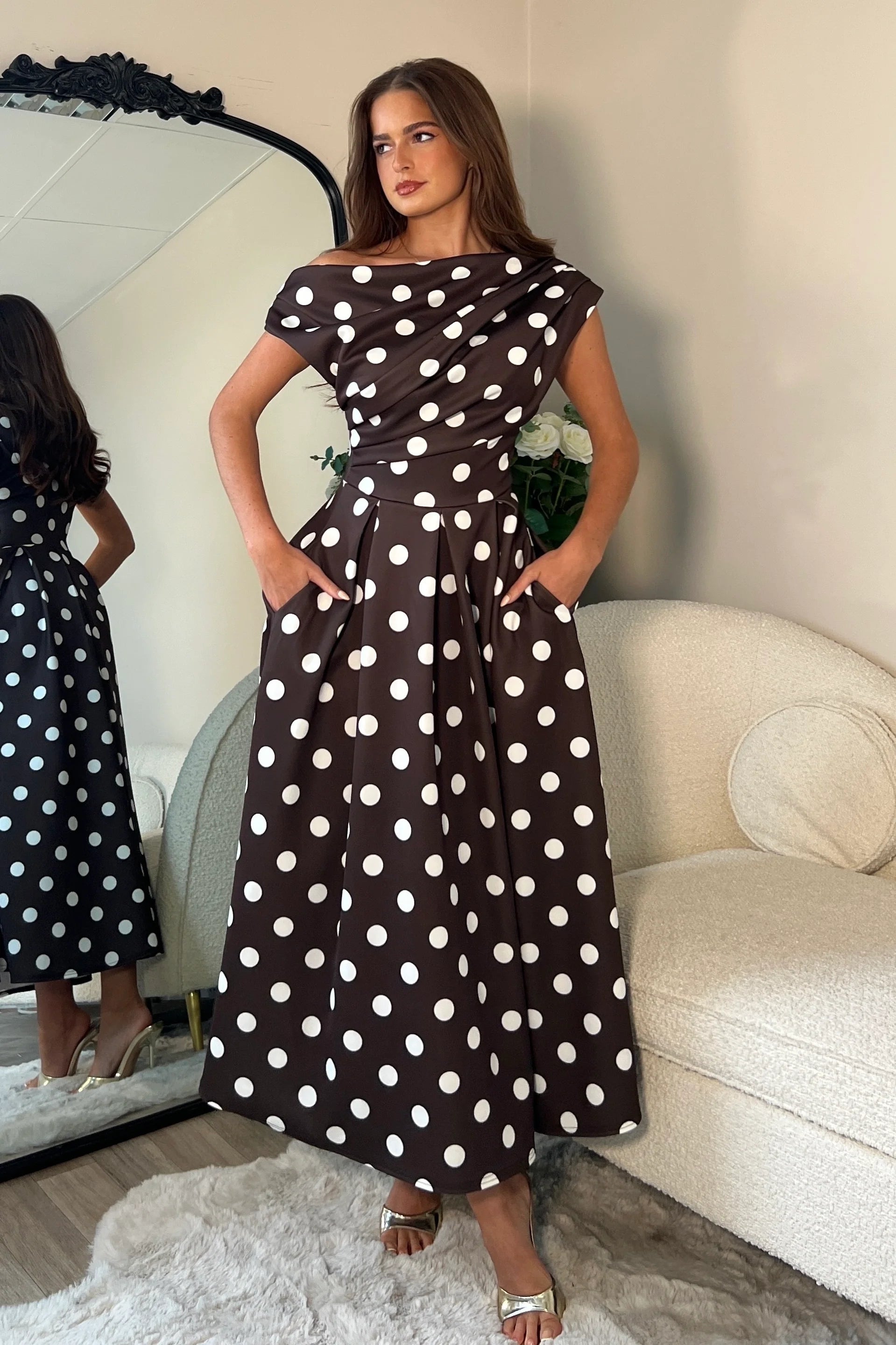 Betty Asymmetric Skater Midi Dress (Brown Spot)