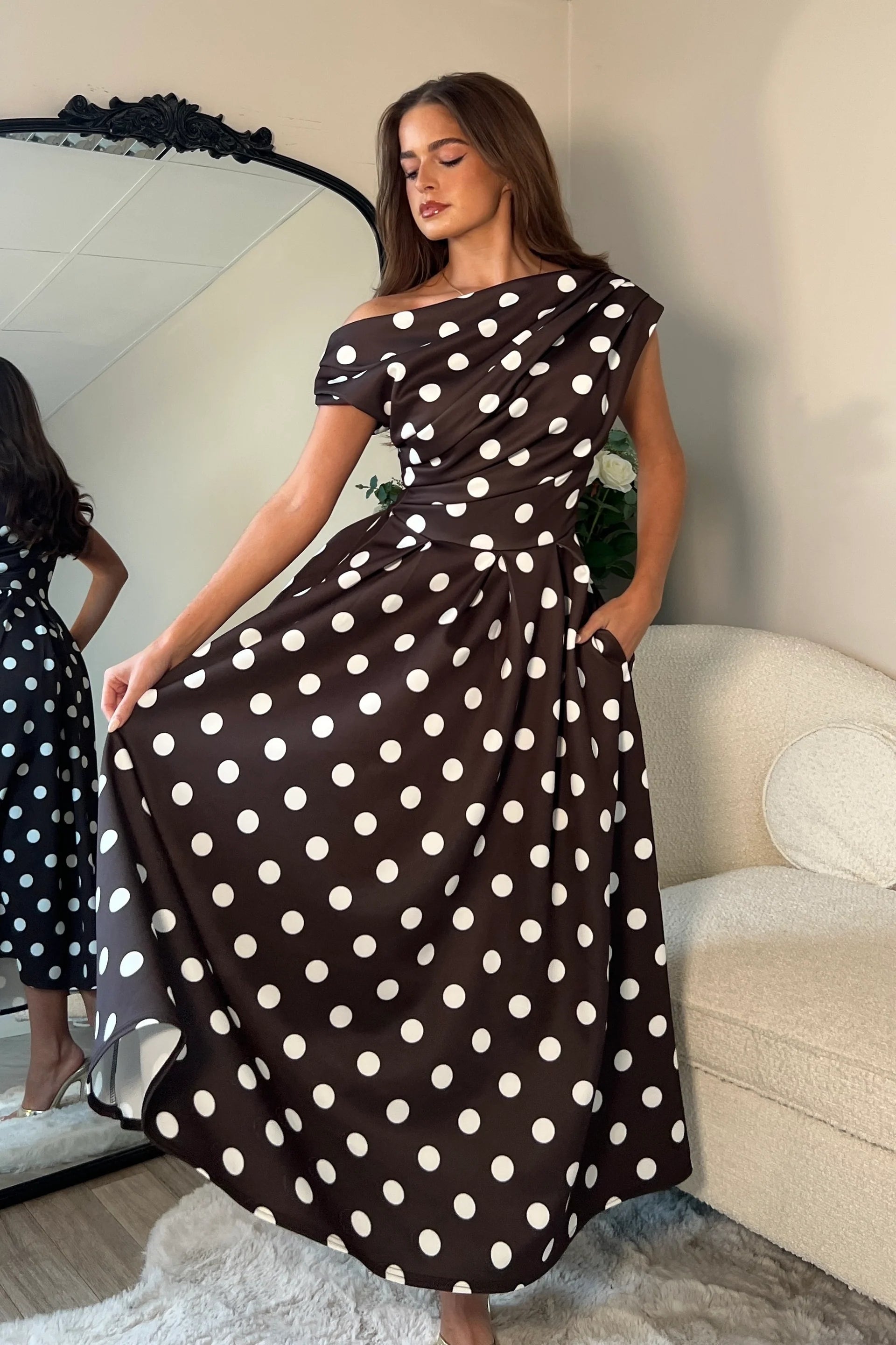 Betty Asymmetric Skater Midi Dress (Brown Spot)