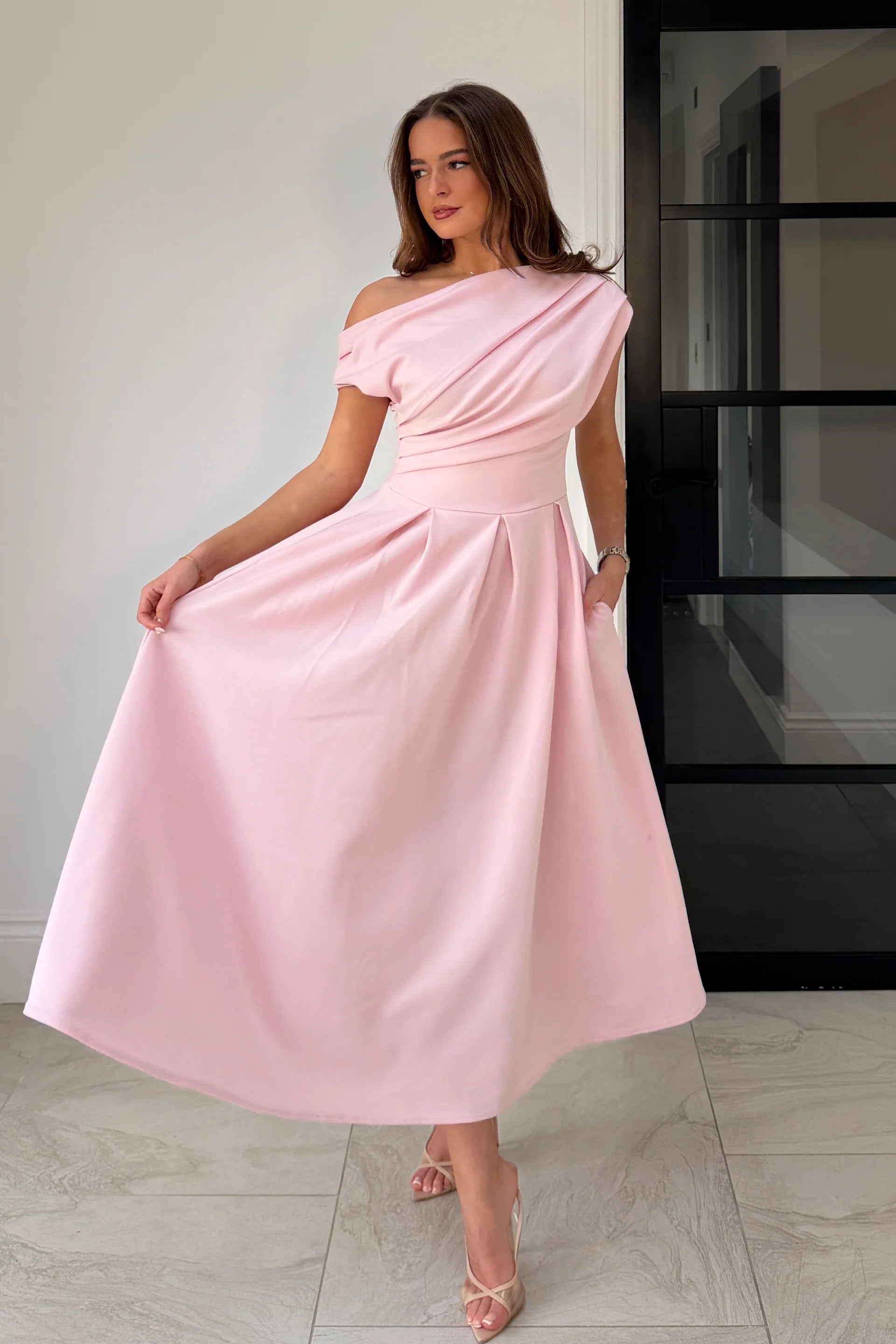 Betty Asymmetric Midi Dress (Pink)