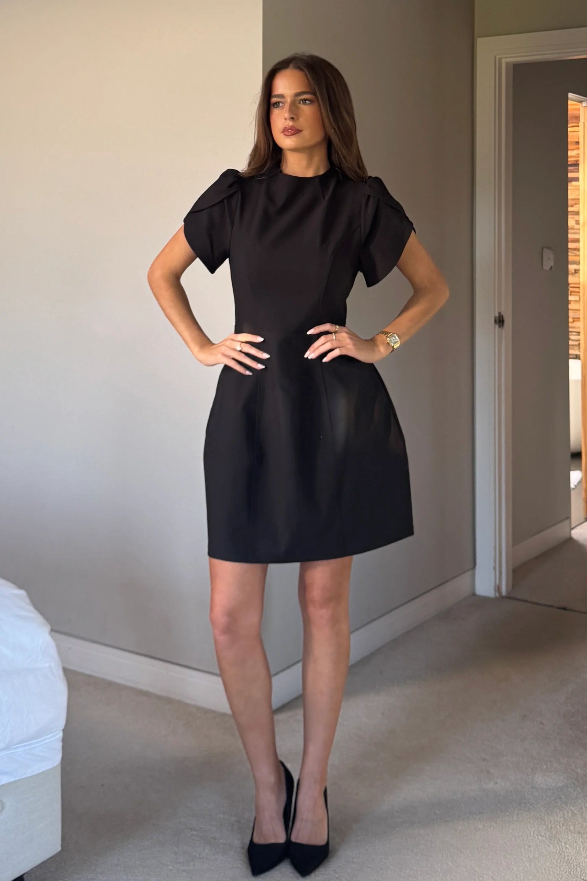 Ami Tulip Sleeve High Neck Dress (Black)