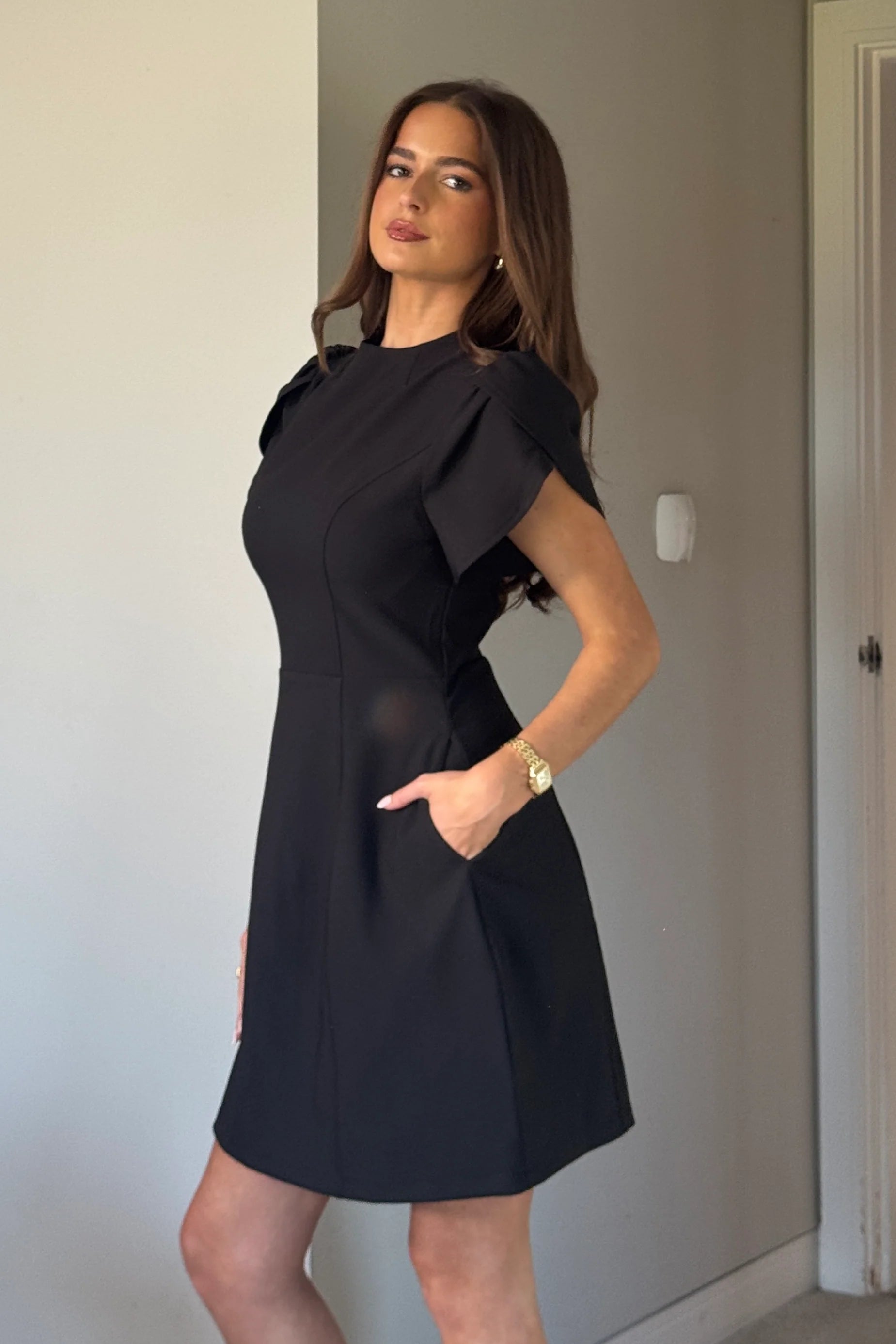 Ami Tulip Sleeve High Neck Dress (Black)