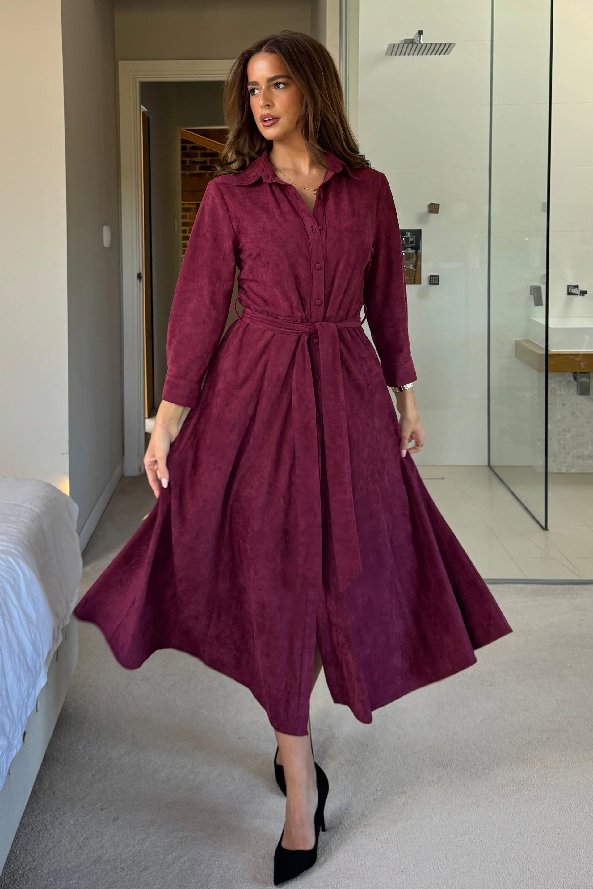 Angela Long Sleeve Maxi Shirt Dress (Berry Suedette)