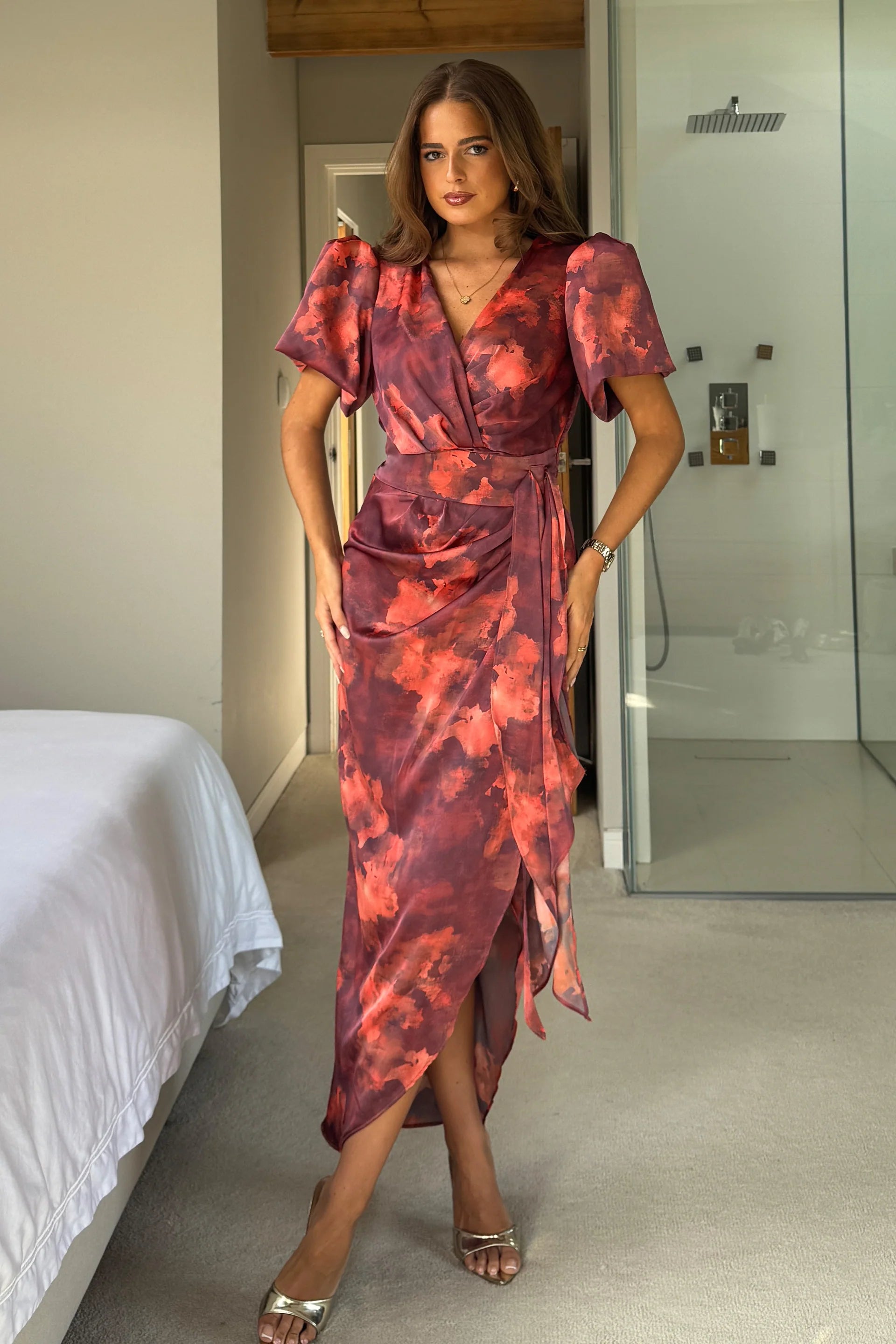 Drew Puff Sleeve Faux Wrap Midi Dress (Orange Marble)