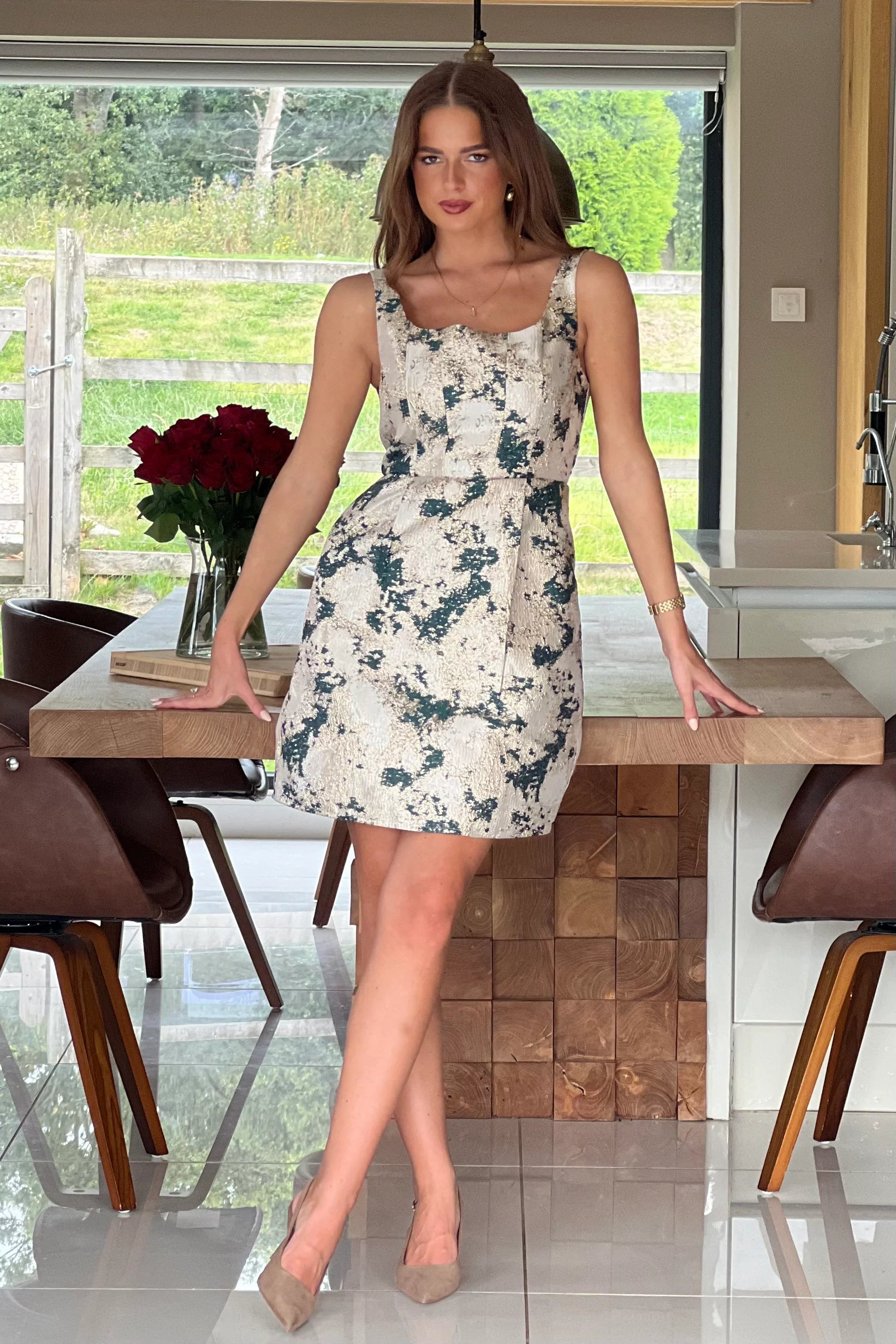 Shania Jacquard Structured Mini Dress (Green)