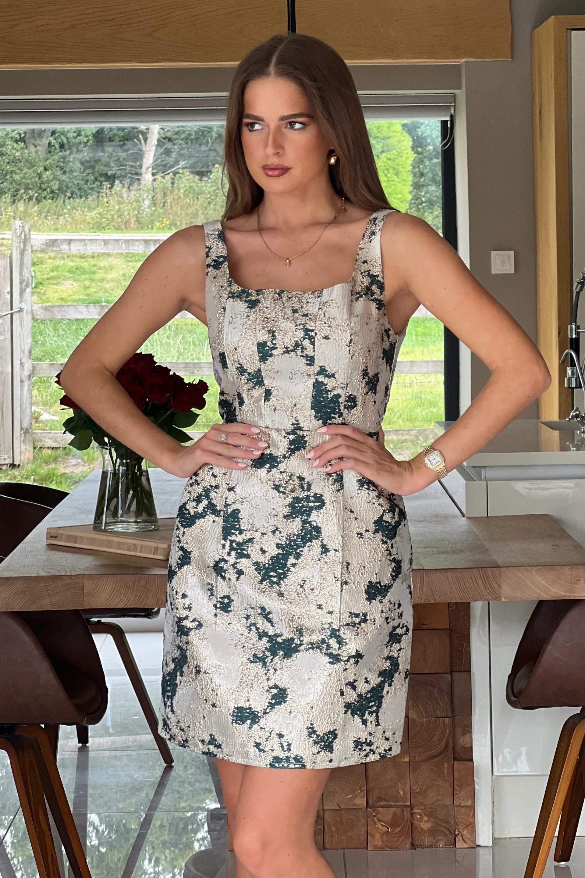 Shania Jacquard Structured Mini Dress (Green)