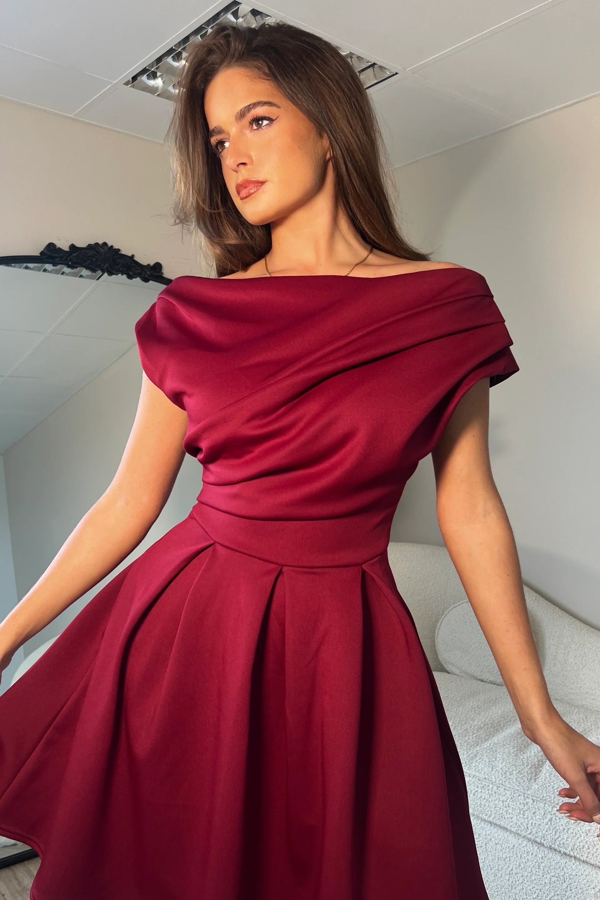 Betty Asymmetric Mini Skater Dress (Berry)