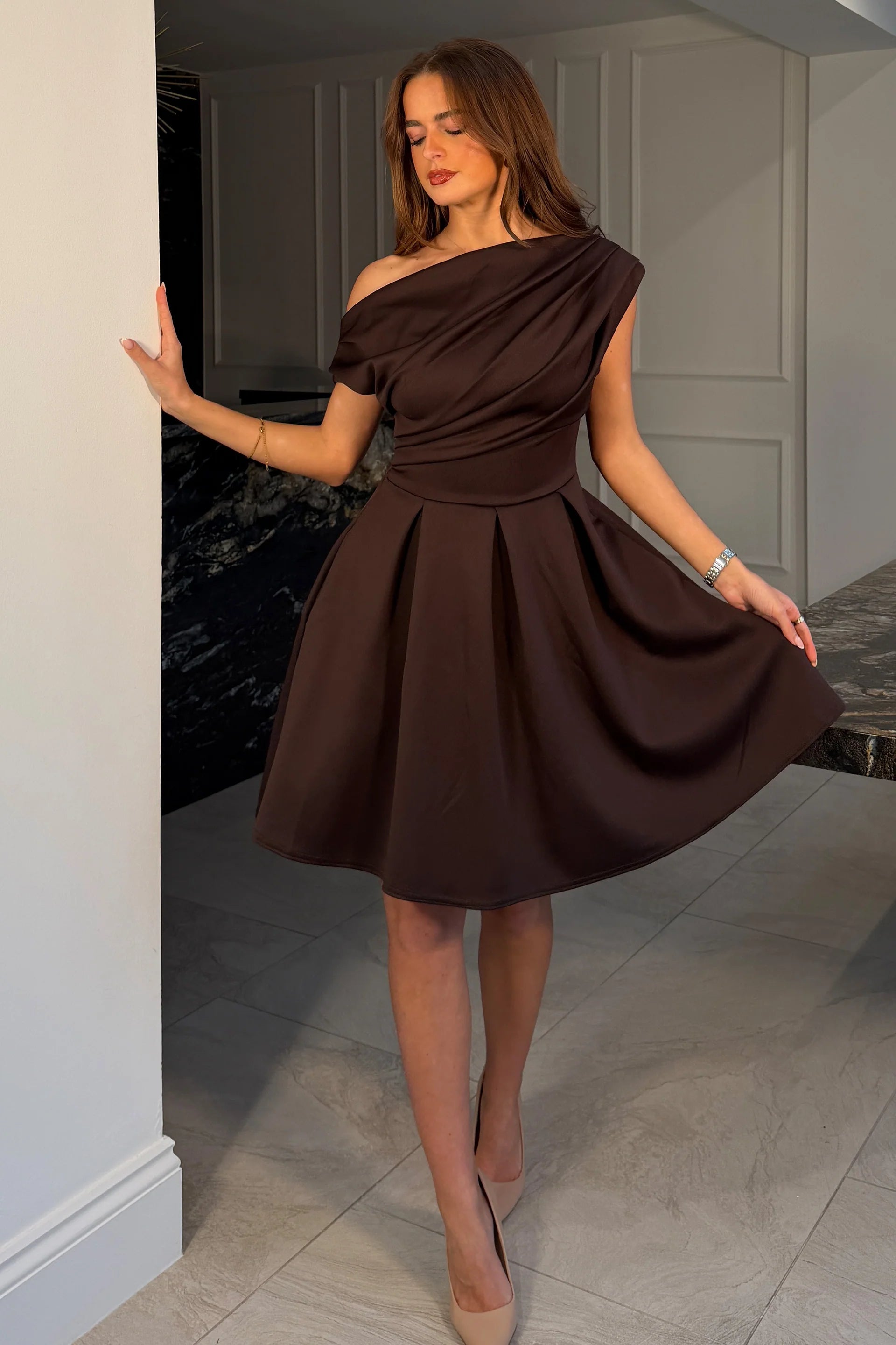 Betty Asymmetric Mini Skater Dress (Brown)