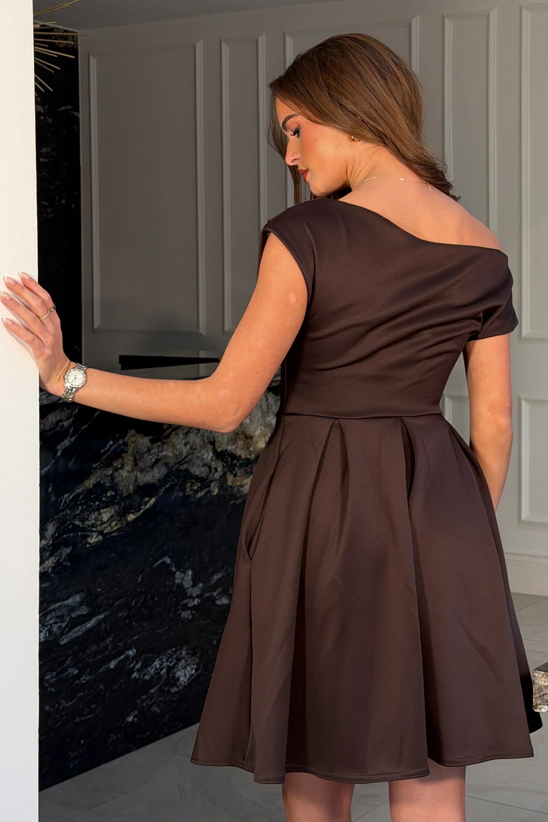 Betty Asymmetric Mini Skater Dress (Brown)| Love Cherish | Dress Betty Asymmetric Mini Skater Dress (Brown)| Love Cherish | Dress