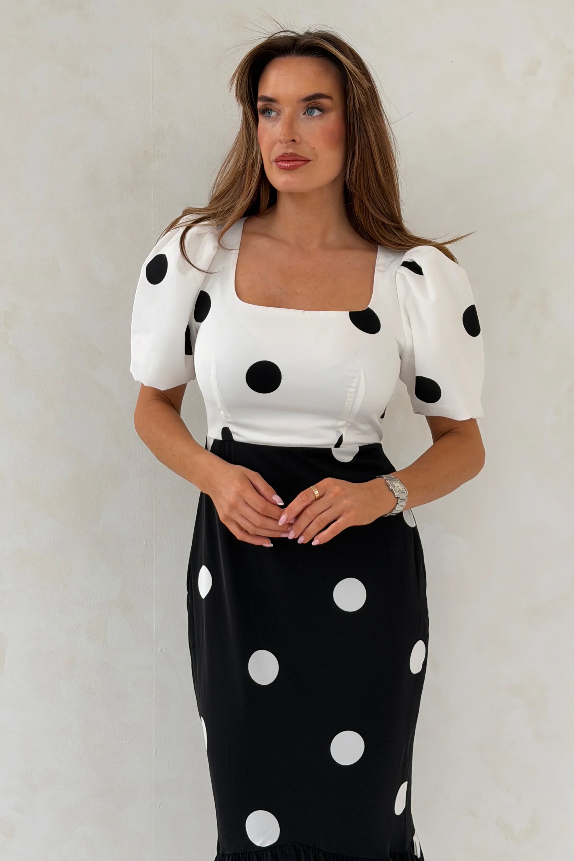 Jennifer Contrast Spot Midi Dress (Black/White) | Love Cherish