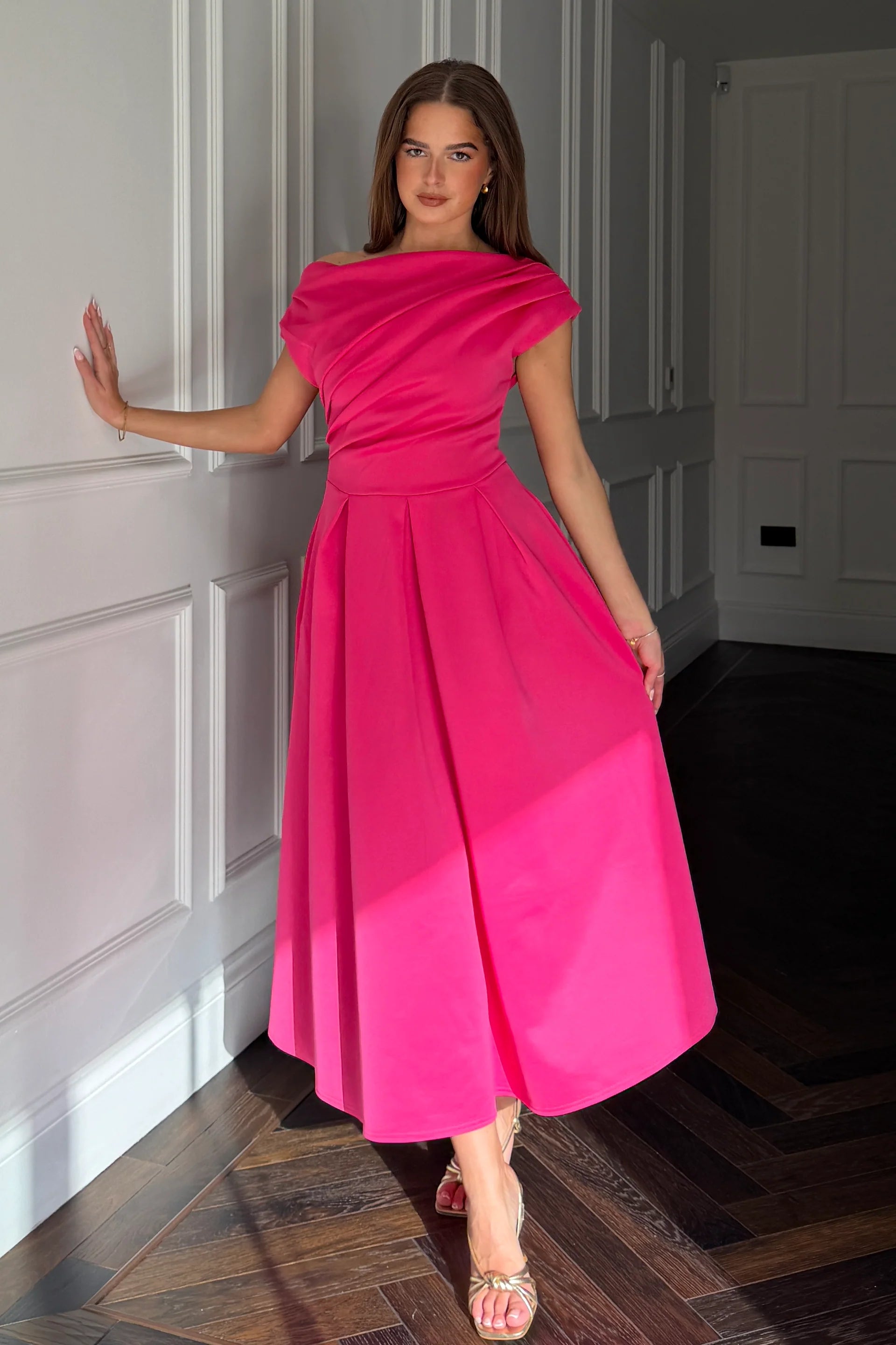 Betty Asymmetric Midi Dress (Hot Pink)