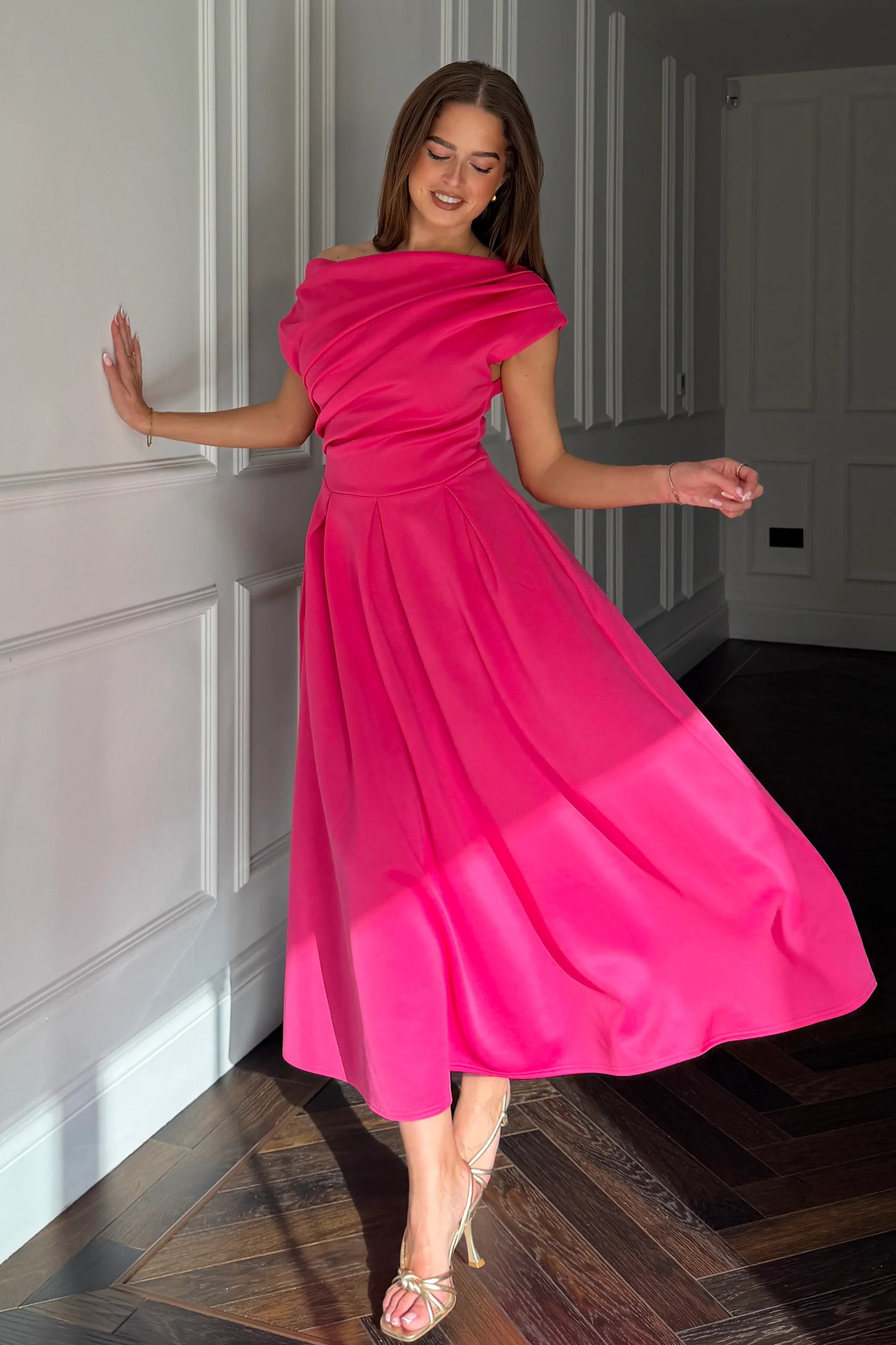 Betty Asymmetric Midi Dress (Hot Pink)