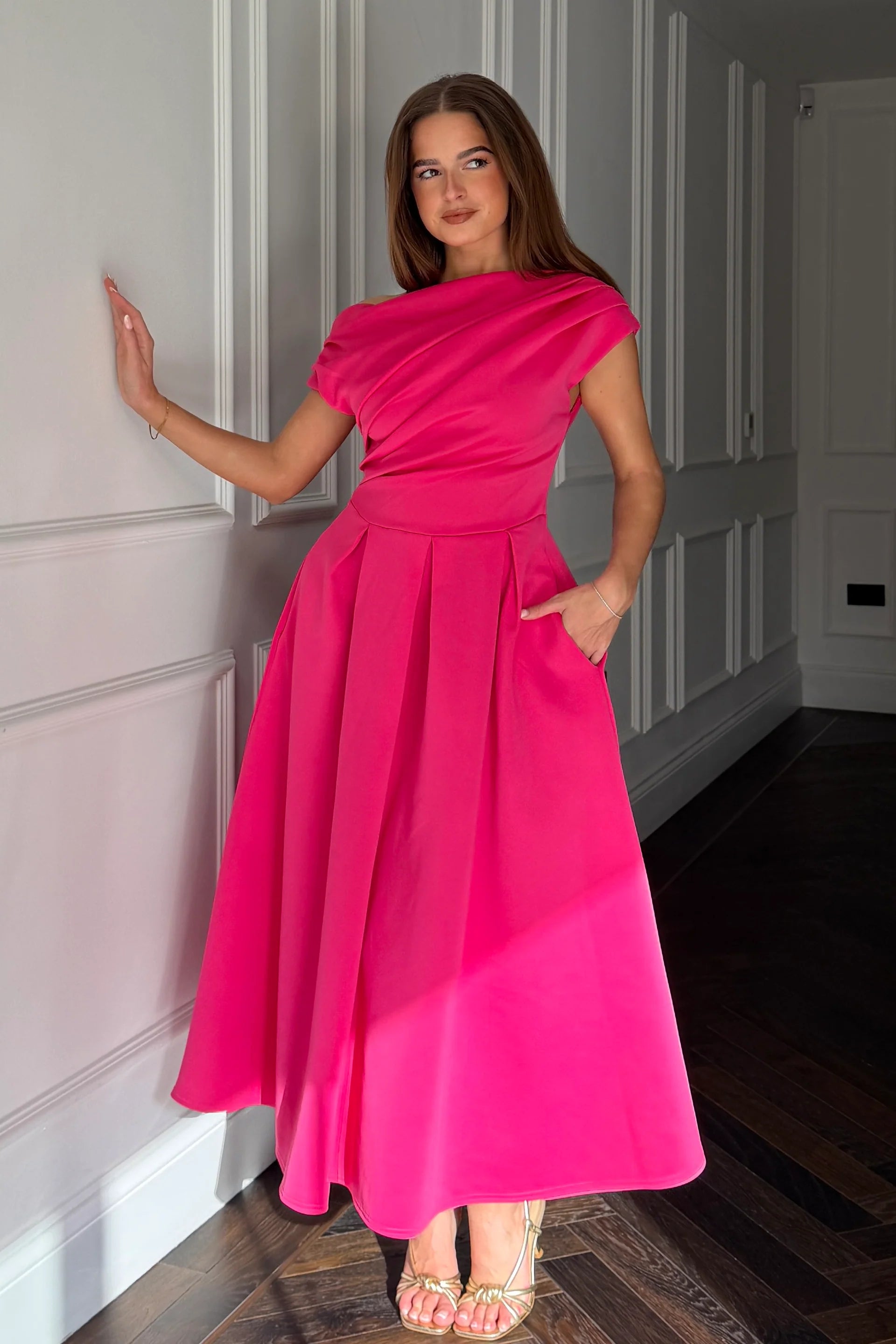 Betty Asymmetric Midi Dress (Hot Pink)
