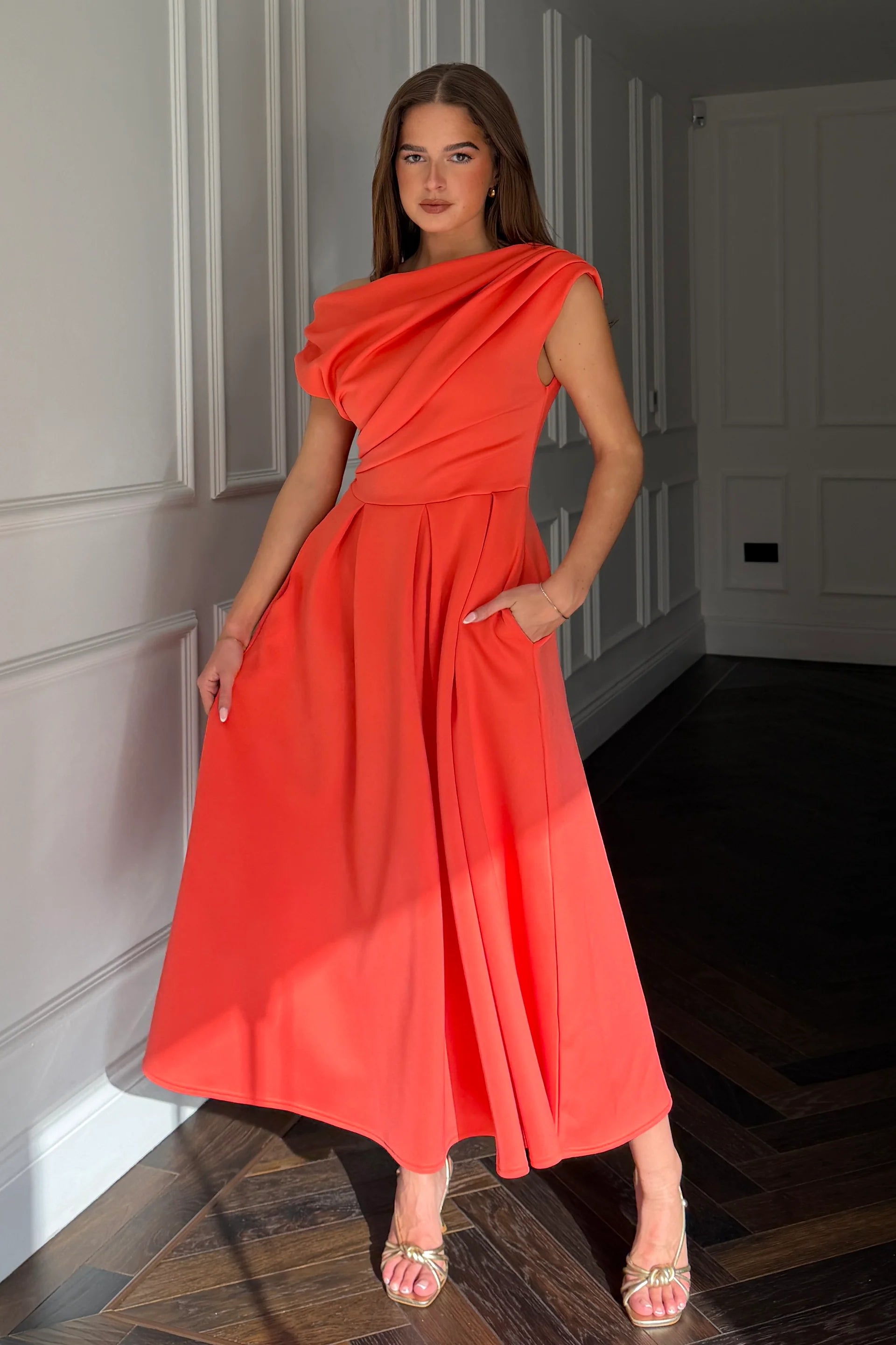 Betty Asymmetric Midi Dress (Coral)