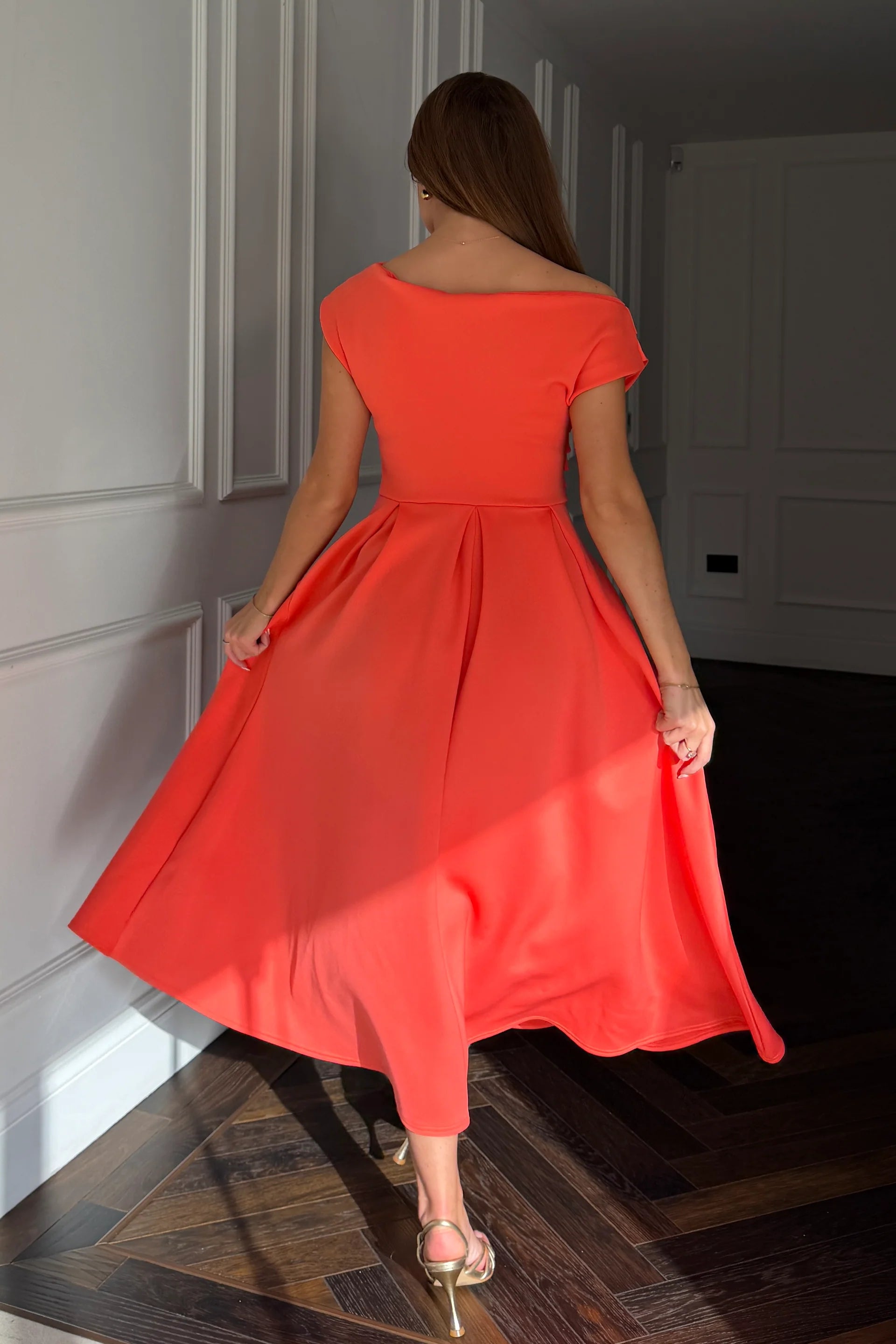 Betty Asymmetric Midi Dress (Coral)