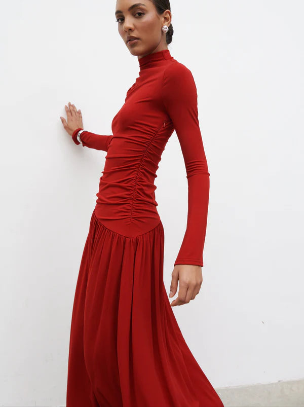 Shai Ruched Maxi Dress (Red)