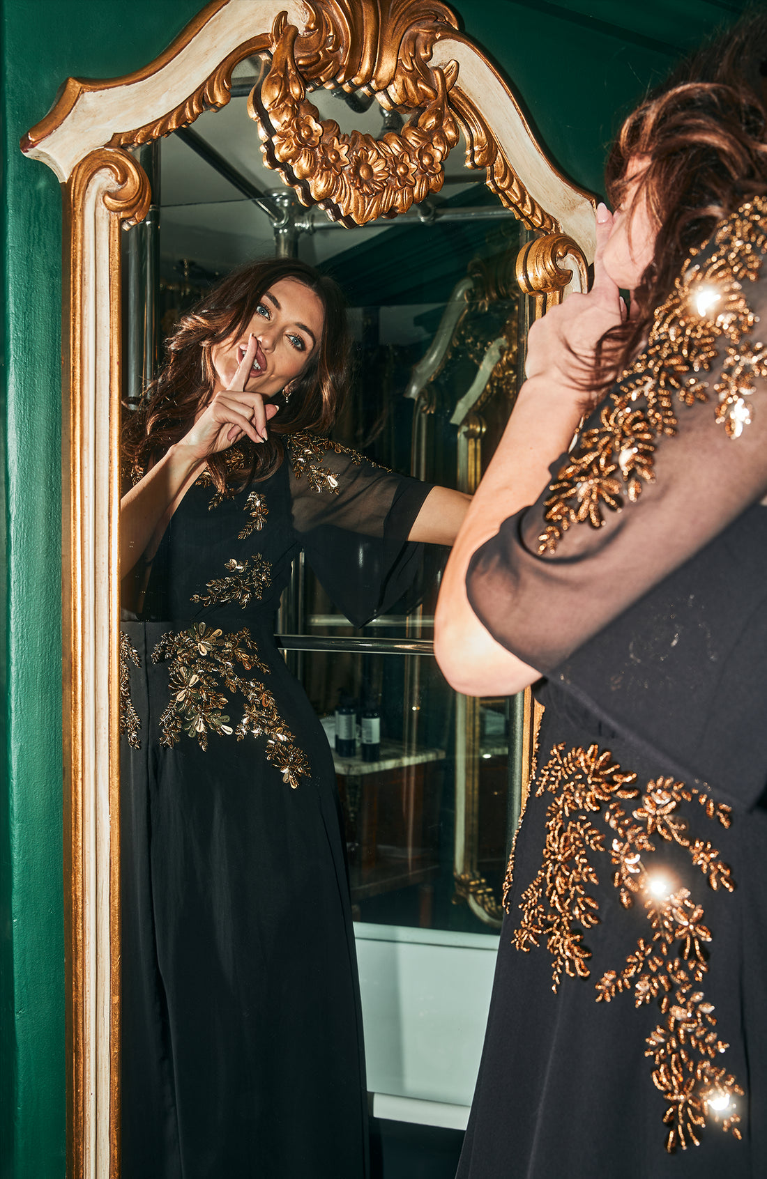 The Shay Plunge Front Embellished Maxi Dress (Black/Gold)