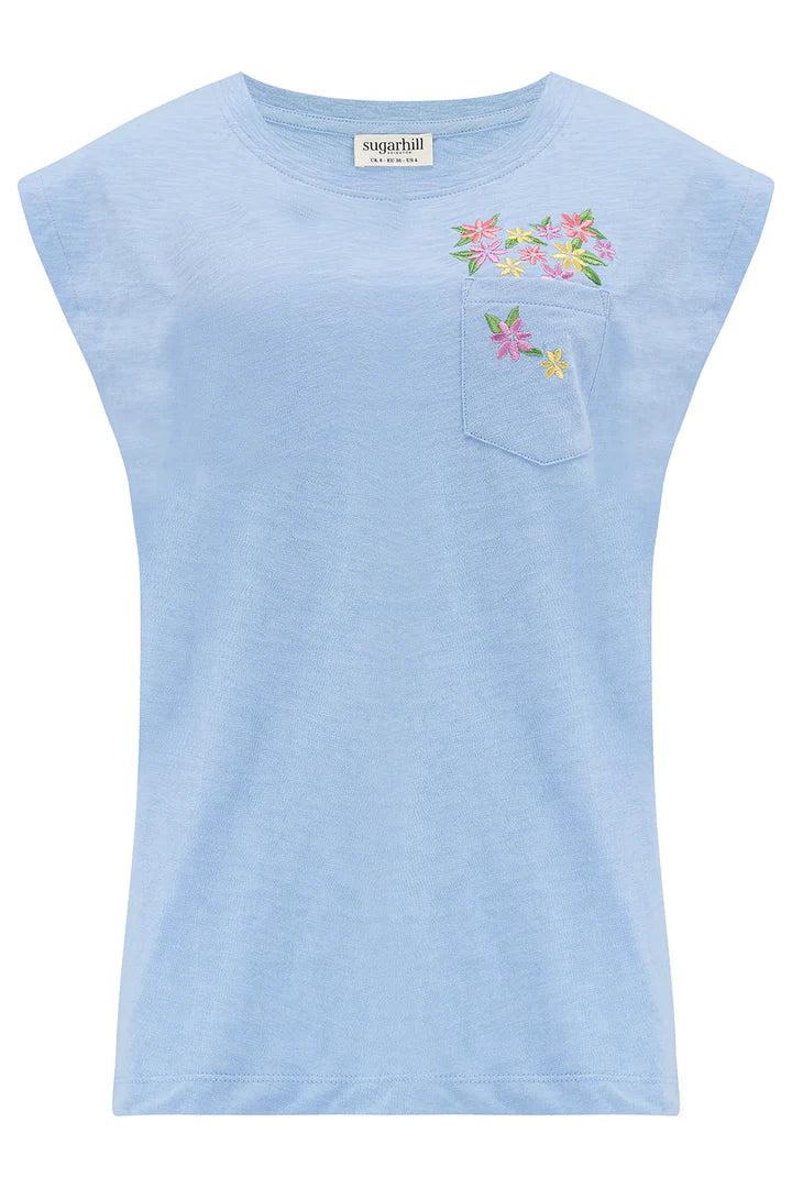 Chrissy Relaxed Tank T-Shirt (Blue Floral Pocket)