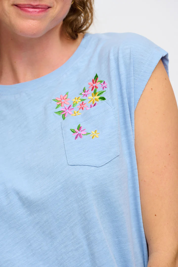 Chrissy Relaxed Tank T-Shirt (Blue Floral Pocket)