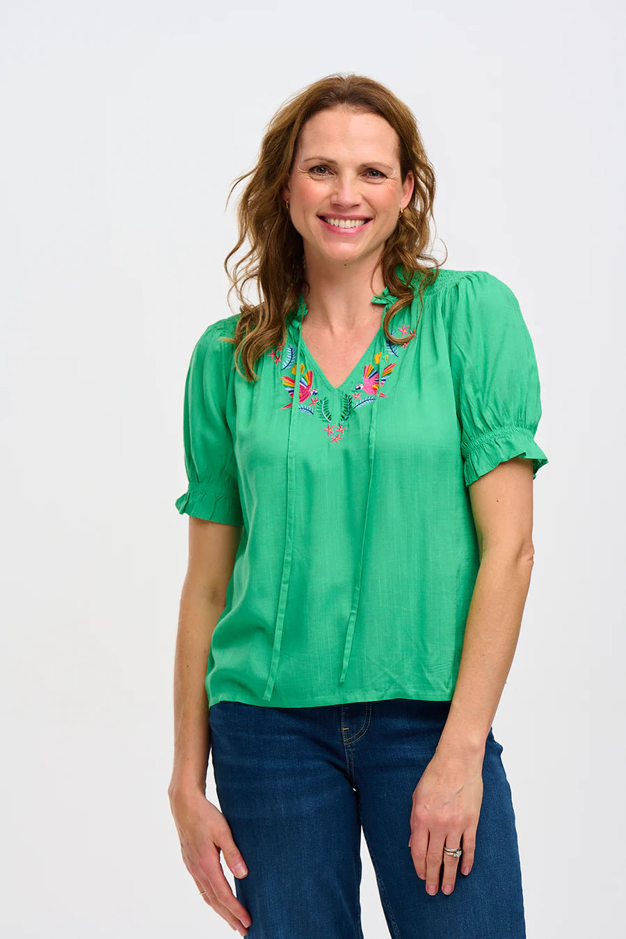Angelique Top (Green Rainbow Parrots Embroidery)