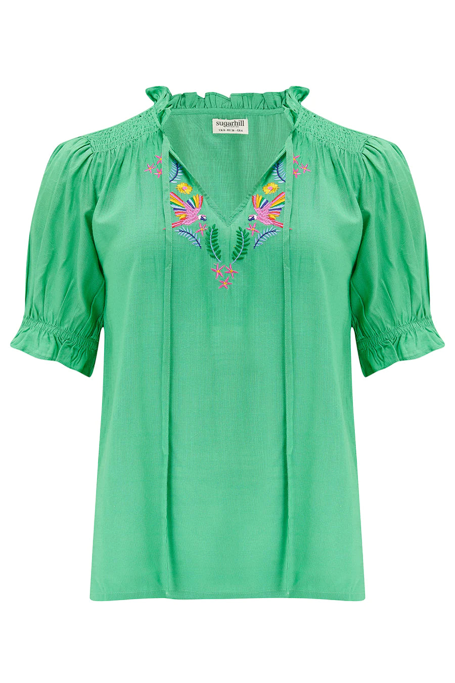 Angelique Top (Green Rainbow Parrots Embroidery)