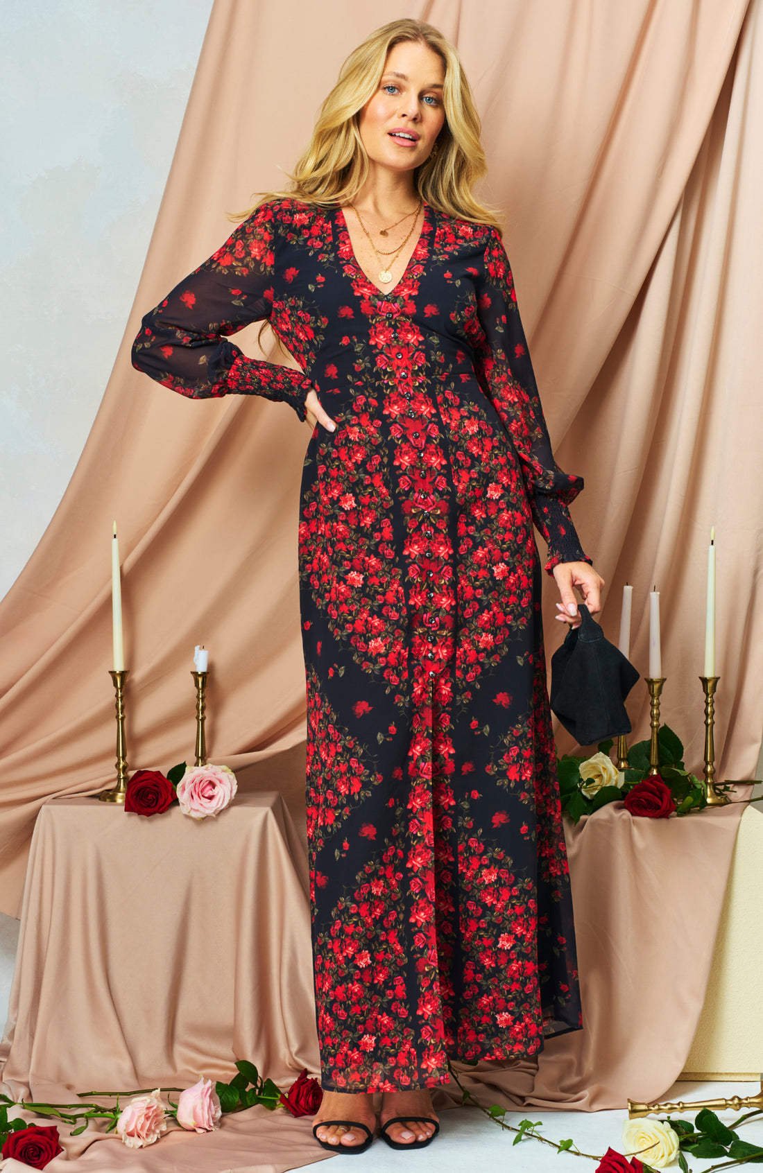 The Adelita Blouson Sleeve Front Split Maxi Dress (Black)