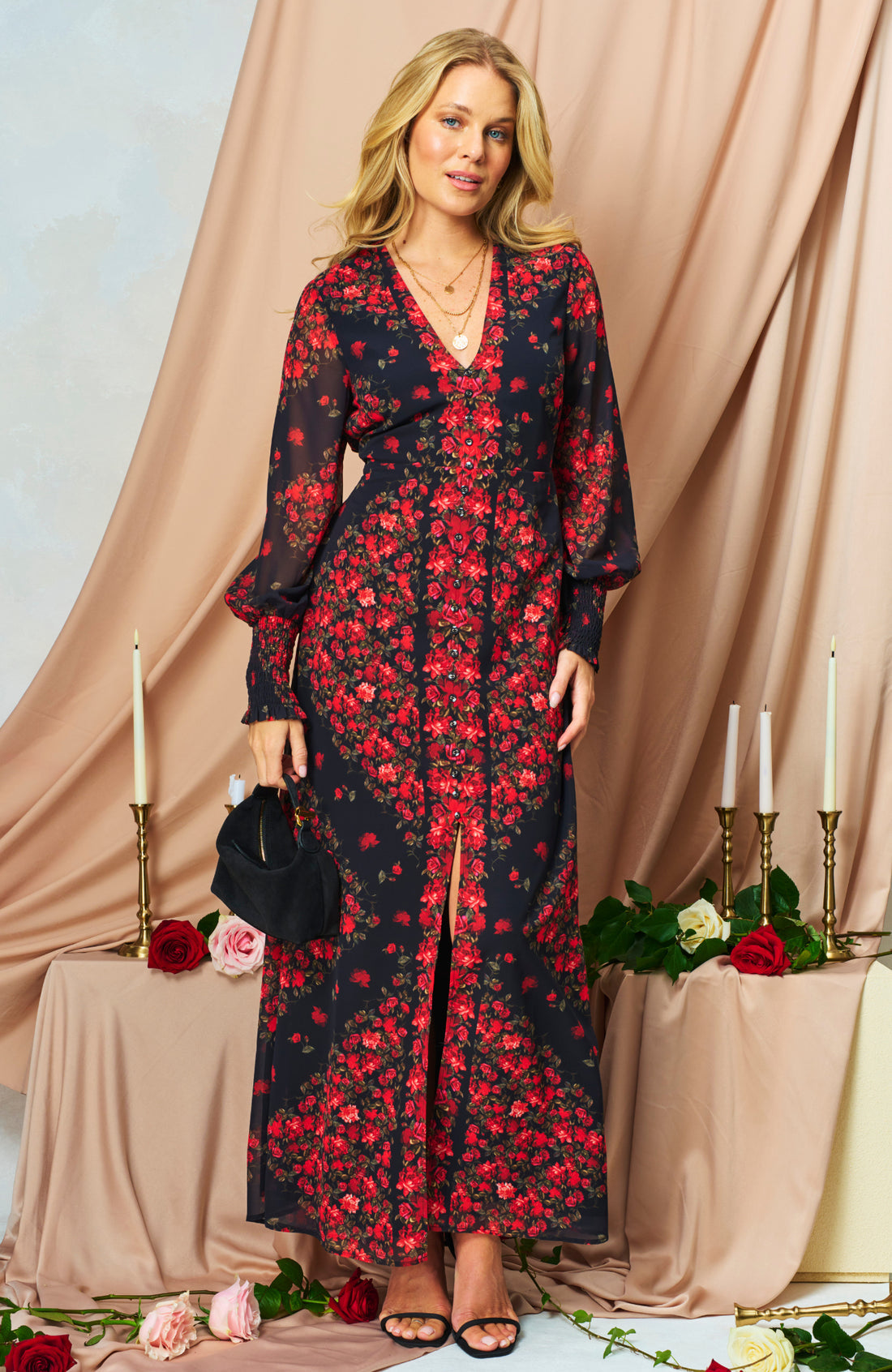 The Adelita Blouson Sleeve Front Split Maxi Dress (Black)