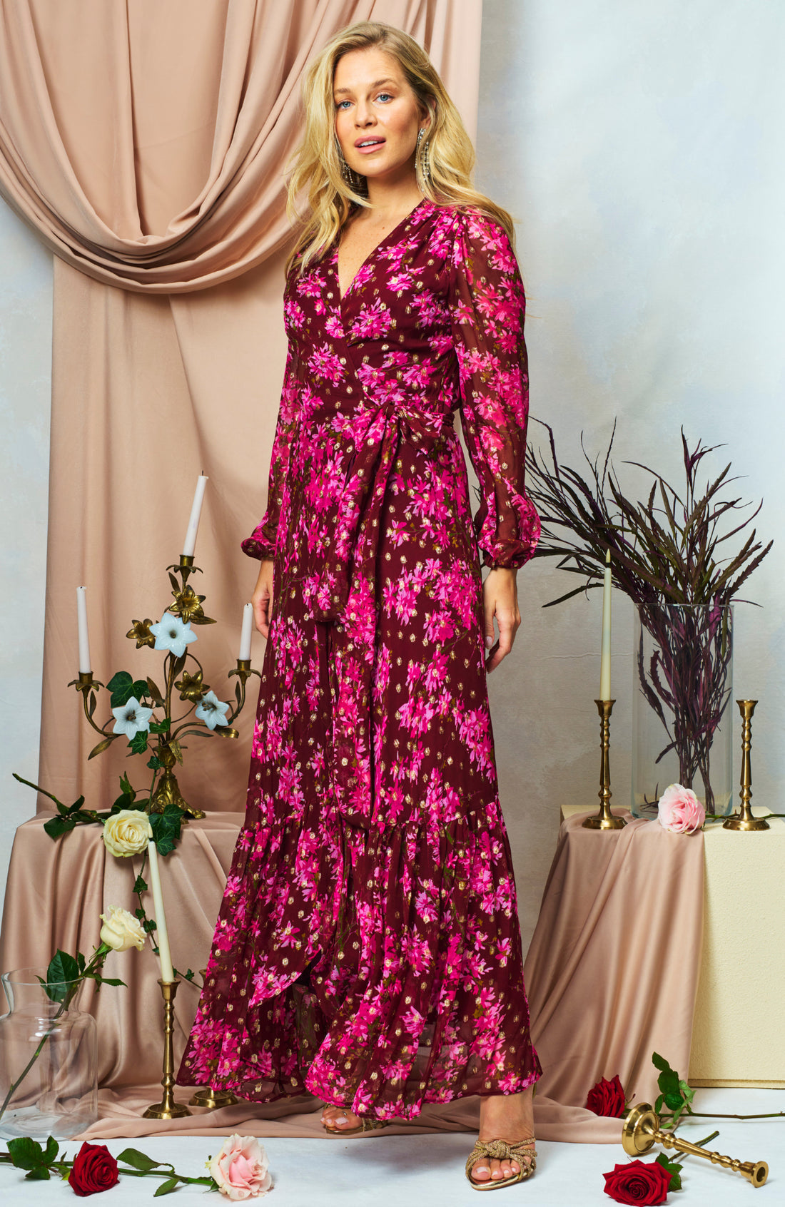 The Blossom Blouson Sleeve Maxi Wrap Dress (Burgundy)