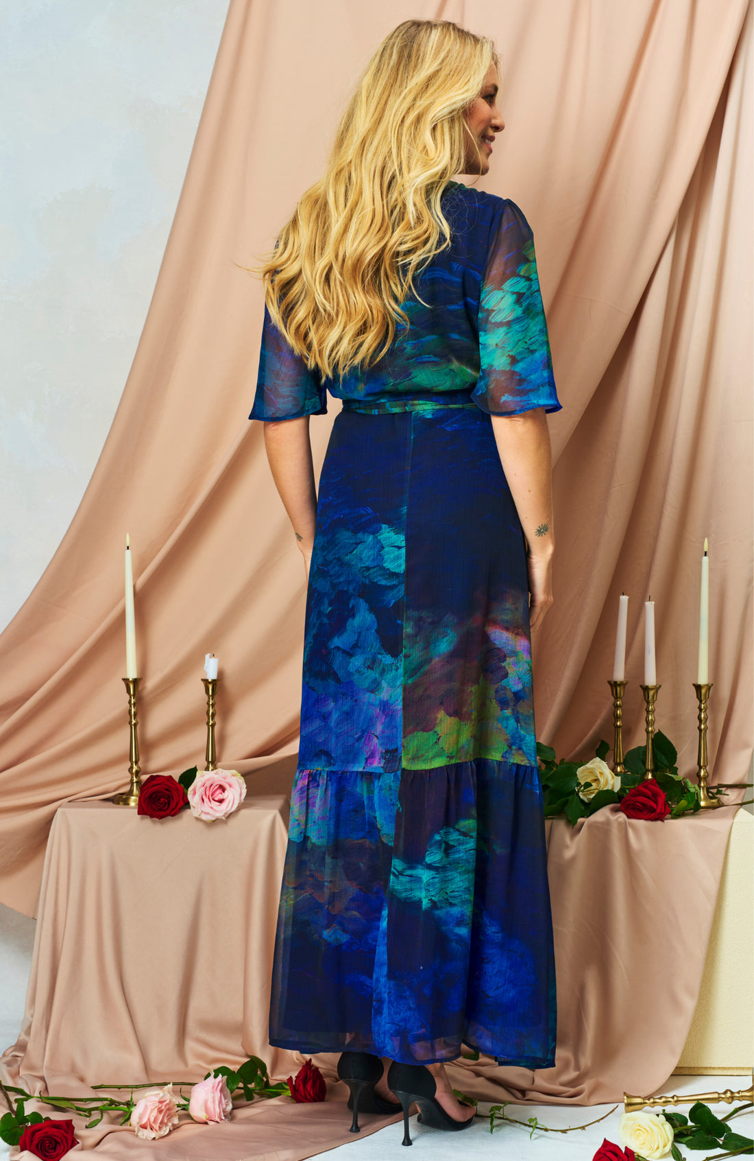 Jacqueline Flutter Sleeve Maxi Wrap Dress (Blue Multi)