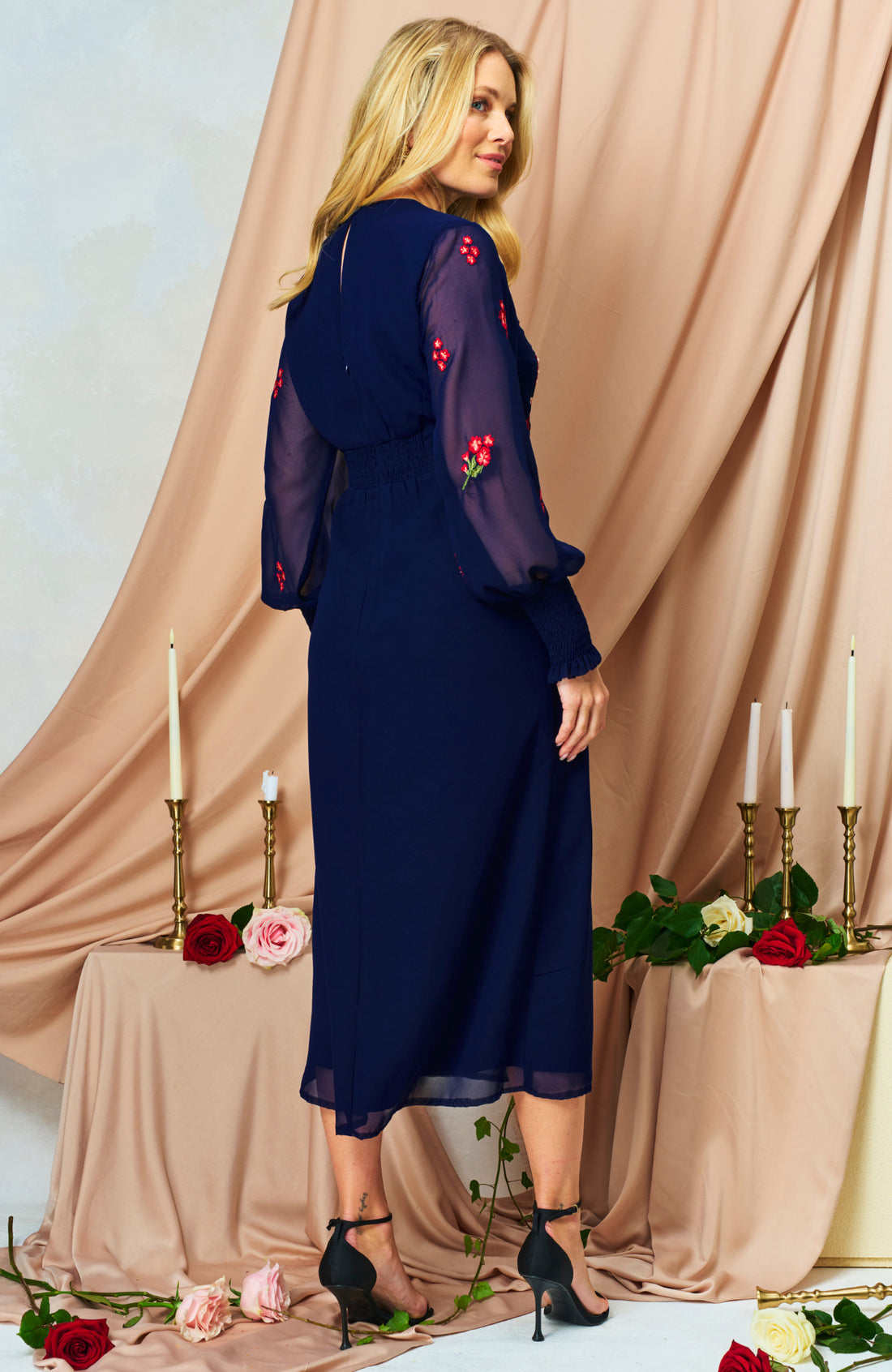 The Jodie Embroidered V-Neck Midi Dress (Navy)