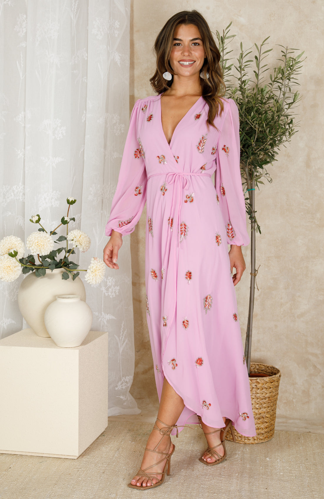 The Kara Embellished Blouson Sleeve Wrap Dress (Light Pink)