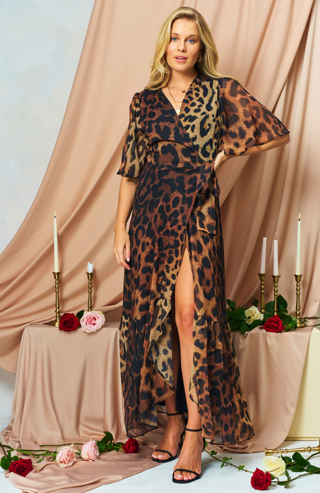 The Lexi Flutter Sleeve Maxi Wrap Dress (Brown)